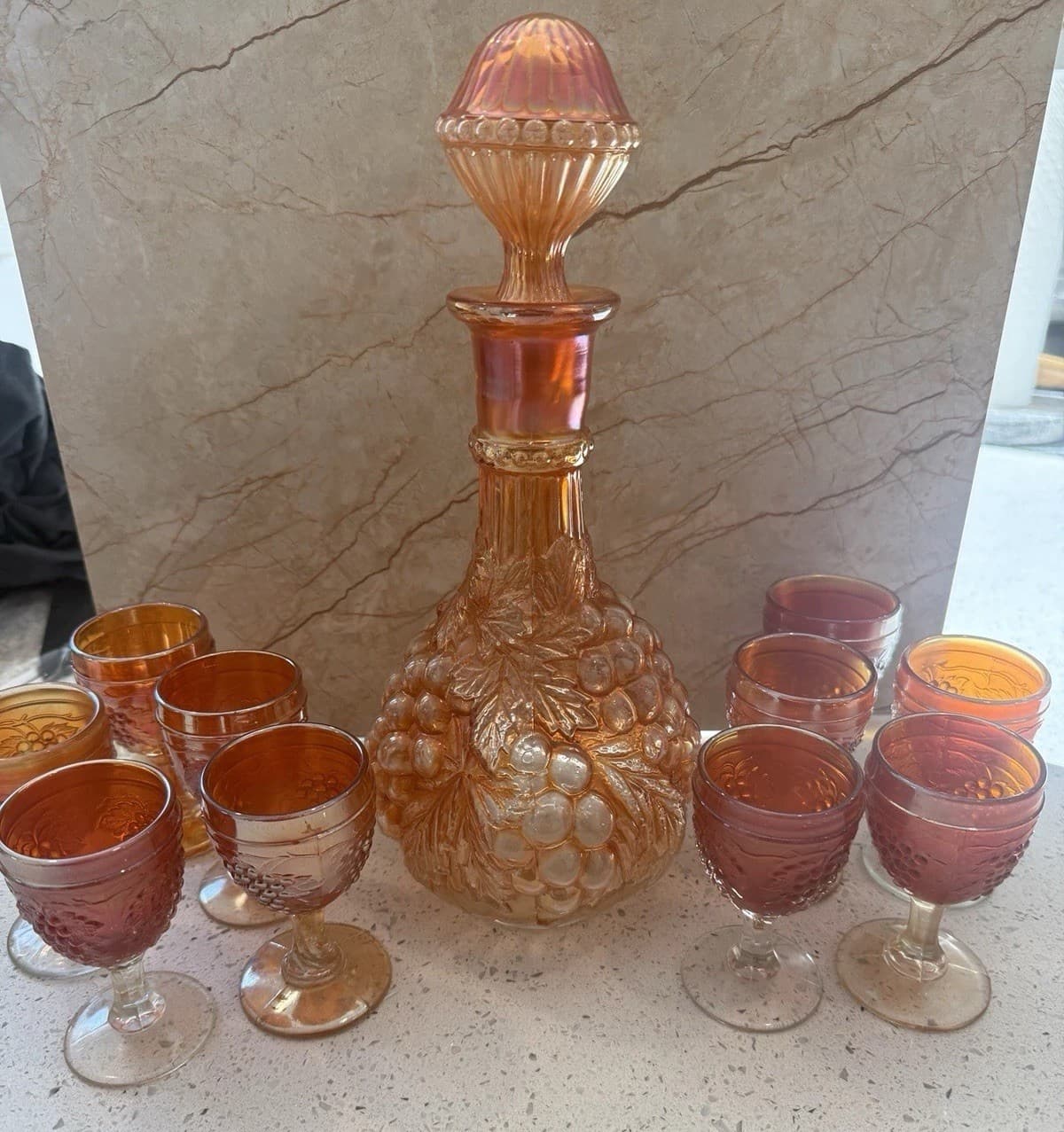 Vintage Marigold Carnival Glass Grape Pattern Decanter and Ten Cordial Glasses