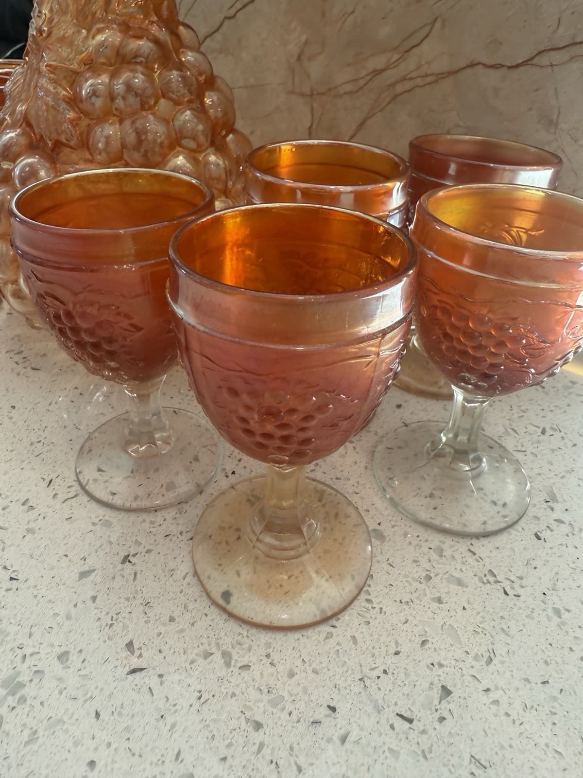 Vintage Marigold Carnival Glass Grape Pattern Decanter and Ten Cordial Glasses - Thumbnail 10