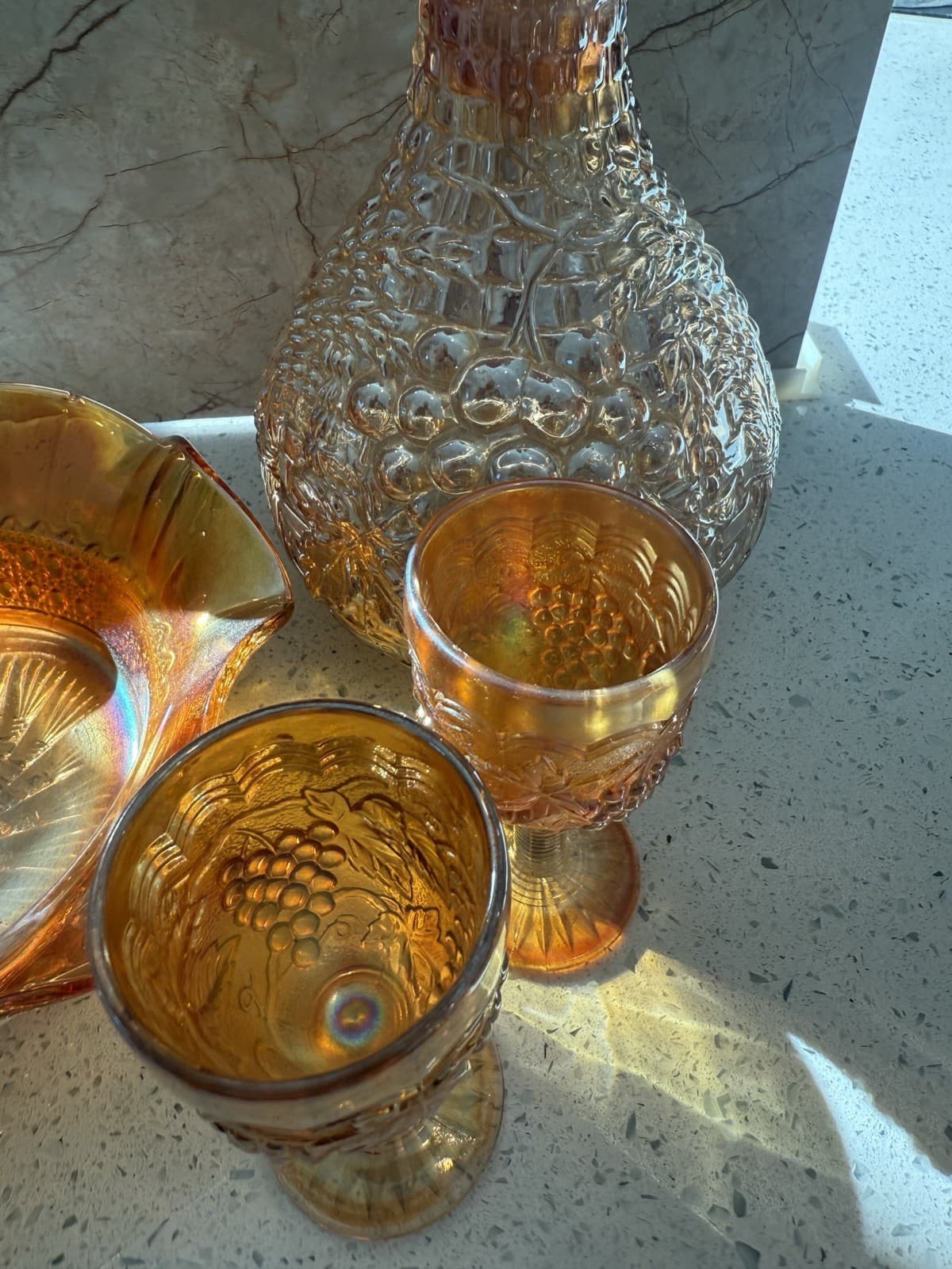 Vintage Iridescent Carnival Glass Decanter, Two Glasses and Ruffled Bowl Set - Thumbnail 3