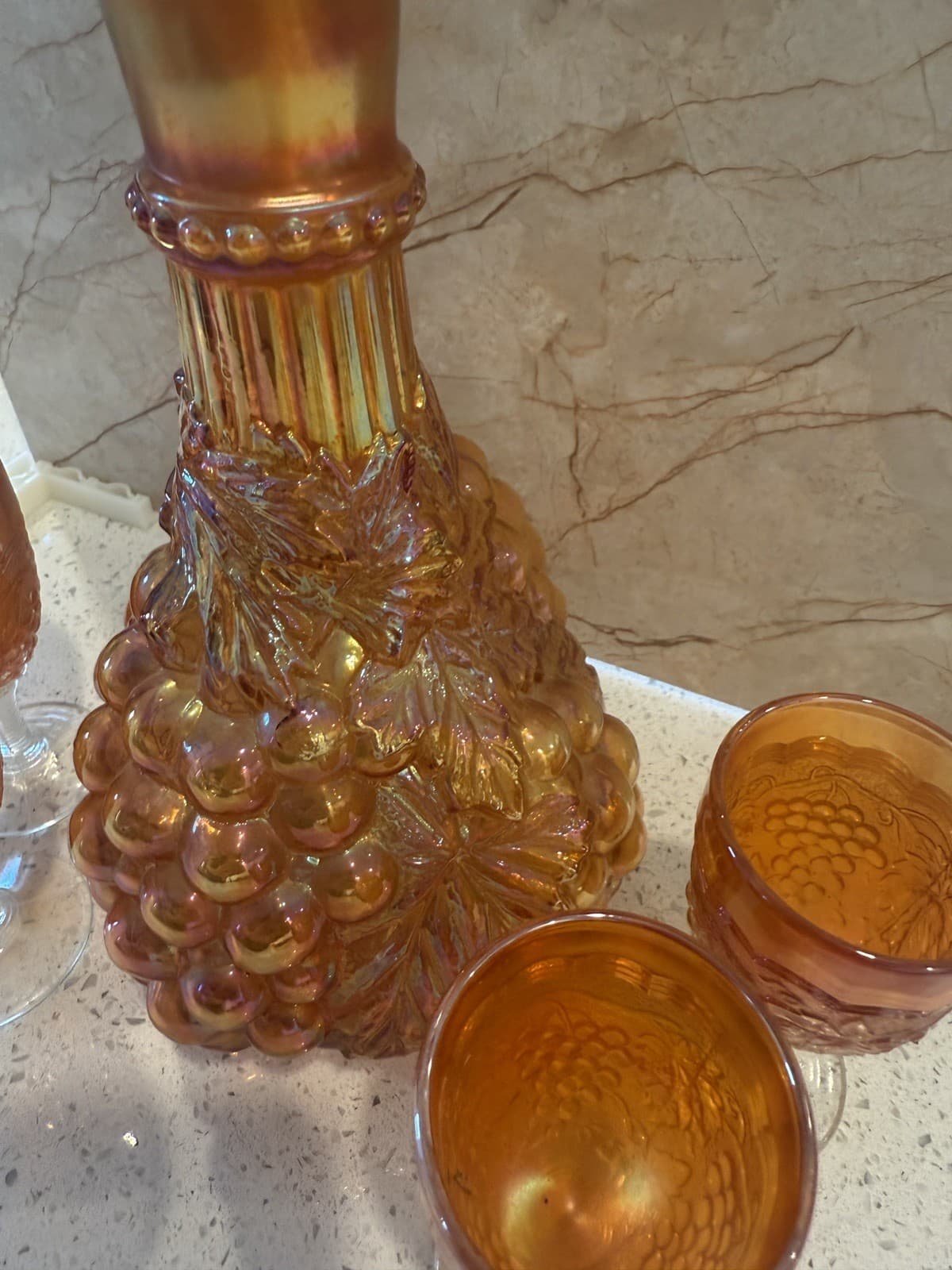 Vintage Grape Pattern Carnival Glass Decanter Set with 4 Glasses, Estate Find - Thumbnail 3