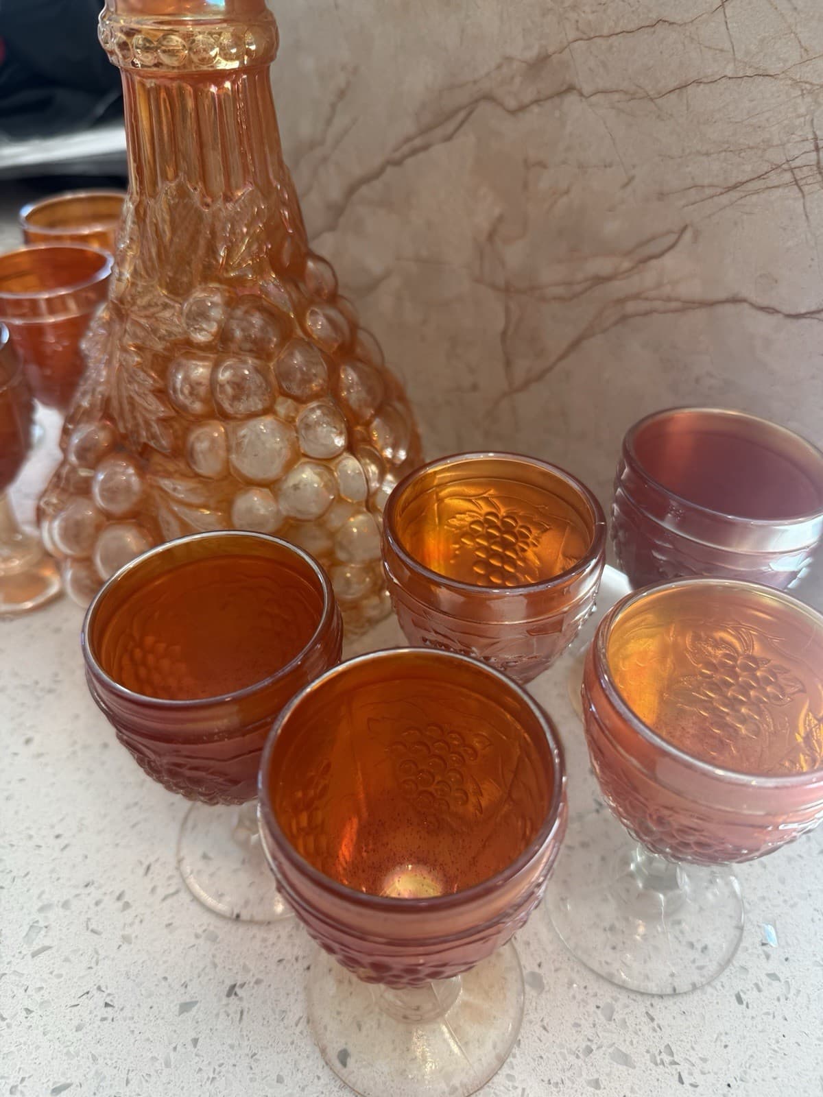 Vintage Marigold Carnival Glass Grape Pattern Decanter and Ten Cordial Glasses - Thumbnail 9