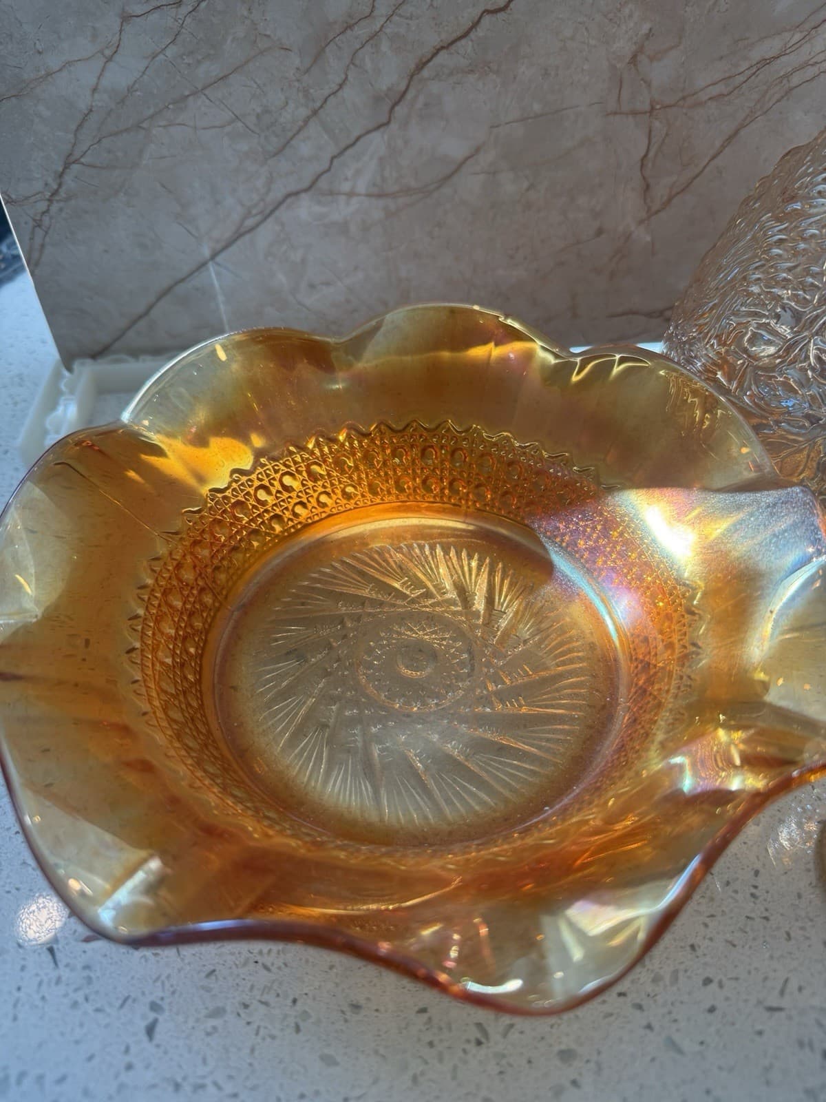 Vintage Iridescent Carnival Glass Decanter, Two Glasses and Ruffled Bowl Set - Thumbnail 2