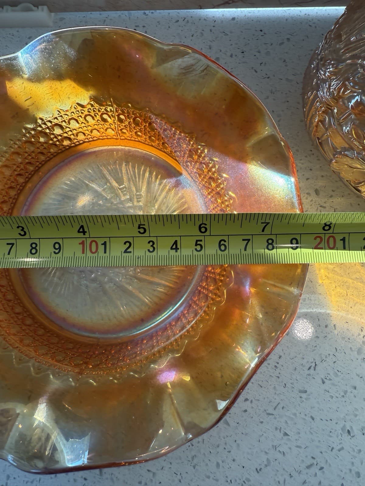 Vintage Iridescent Carnival Glass Decanter, Two Glasses and Ruffled Bowl Set - Thumbnail 10