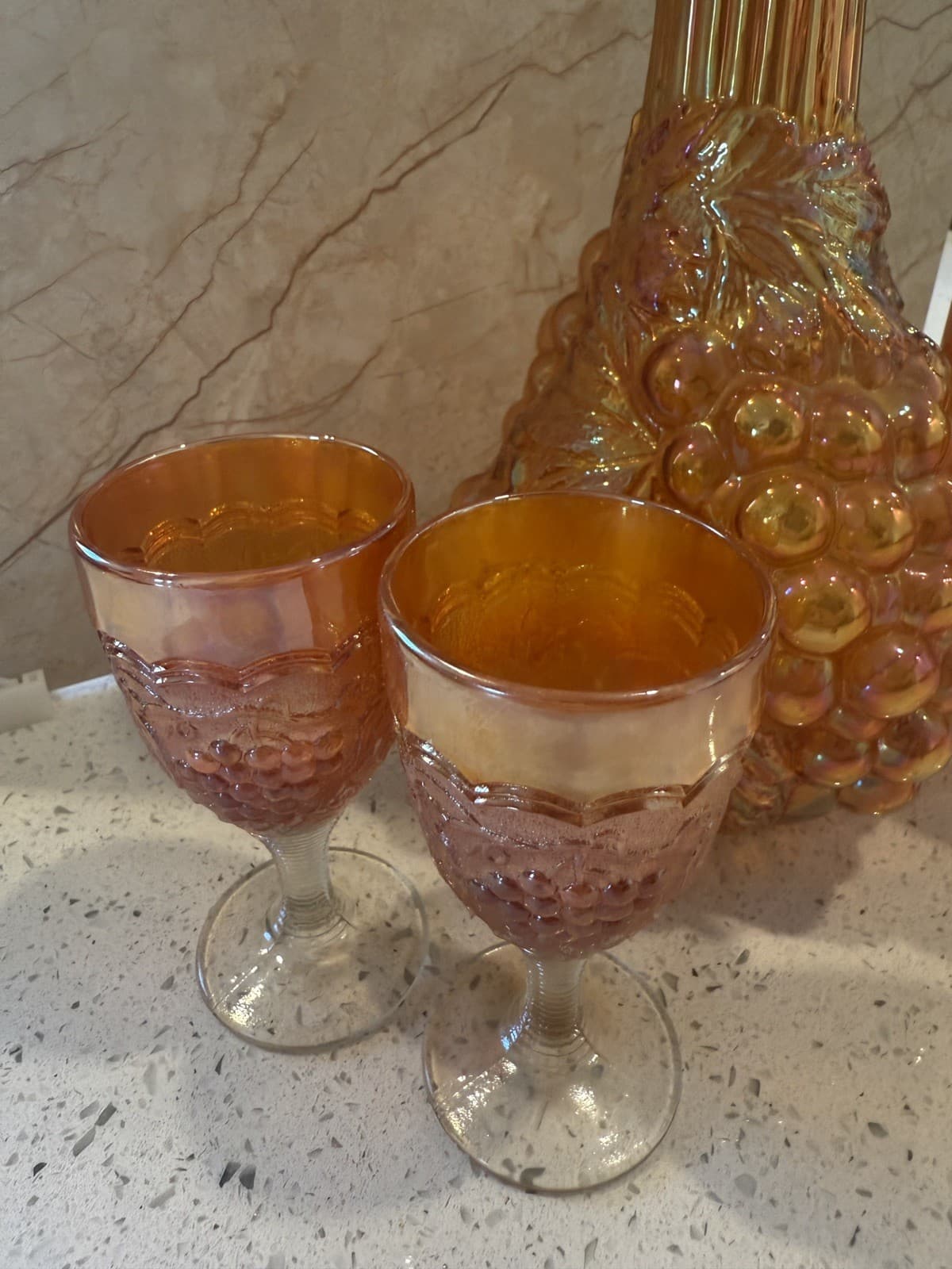 Vintage Grape Pattern Carnival Glass Decanter Set with 4 Glasses, Estate Find - Thumbnail 7