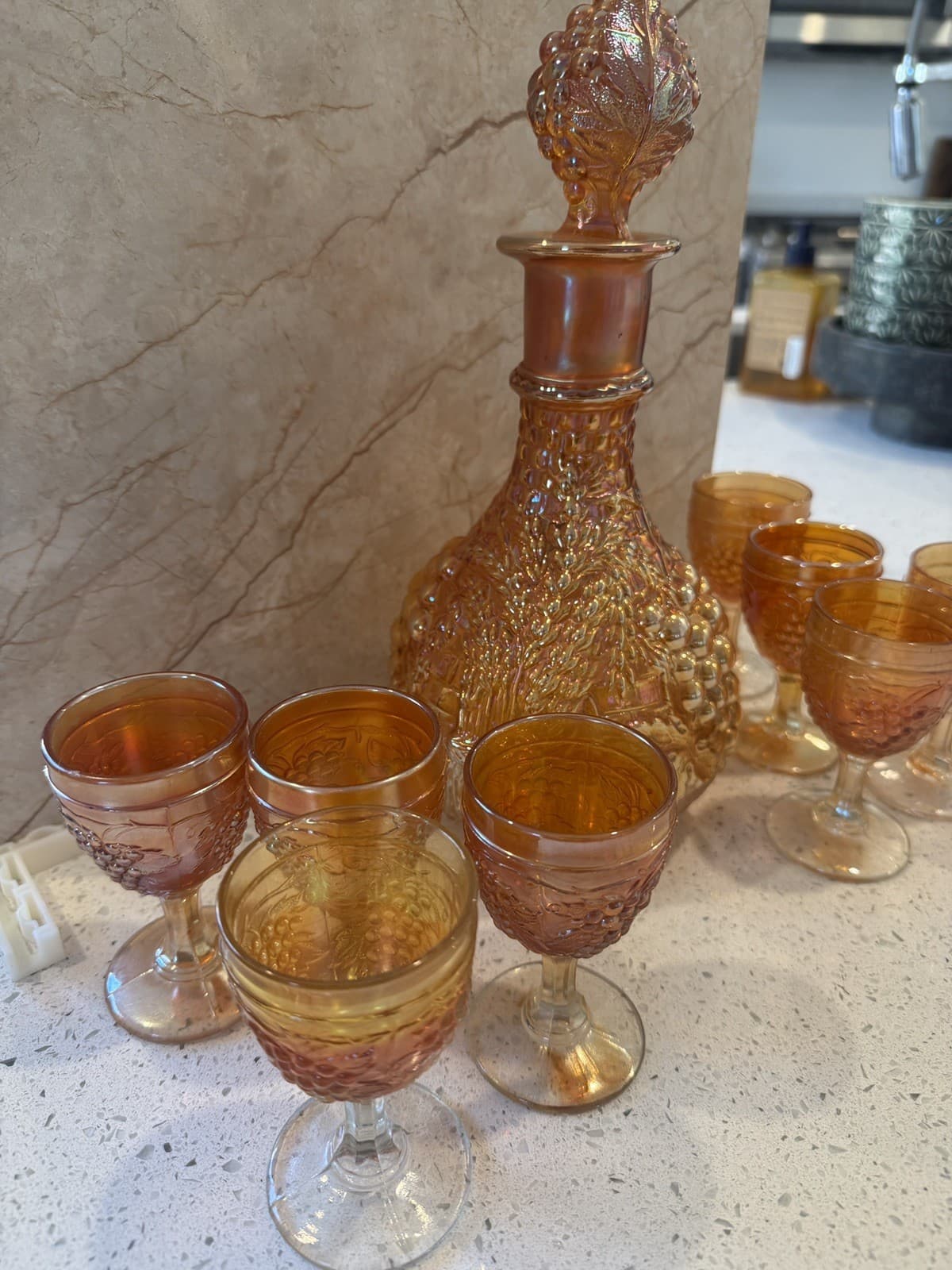 Vintage Grape Pattern Carnival Glass Decanter Set, Estate Find - Thumbnail 6