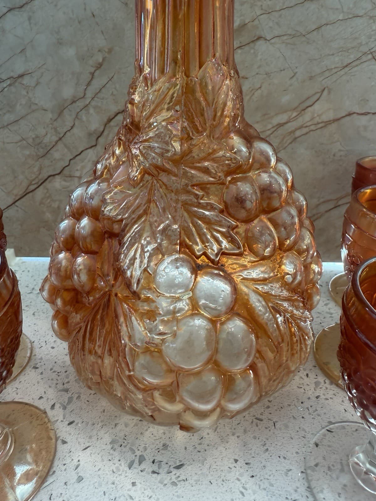 Vintage Marigold Carnival Glass Grape Pattern Decanter and Ten Cordial Glasses - Thumbnail 4