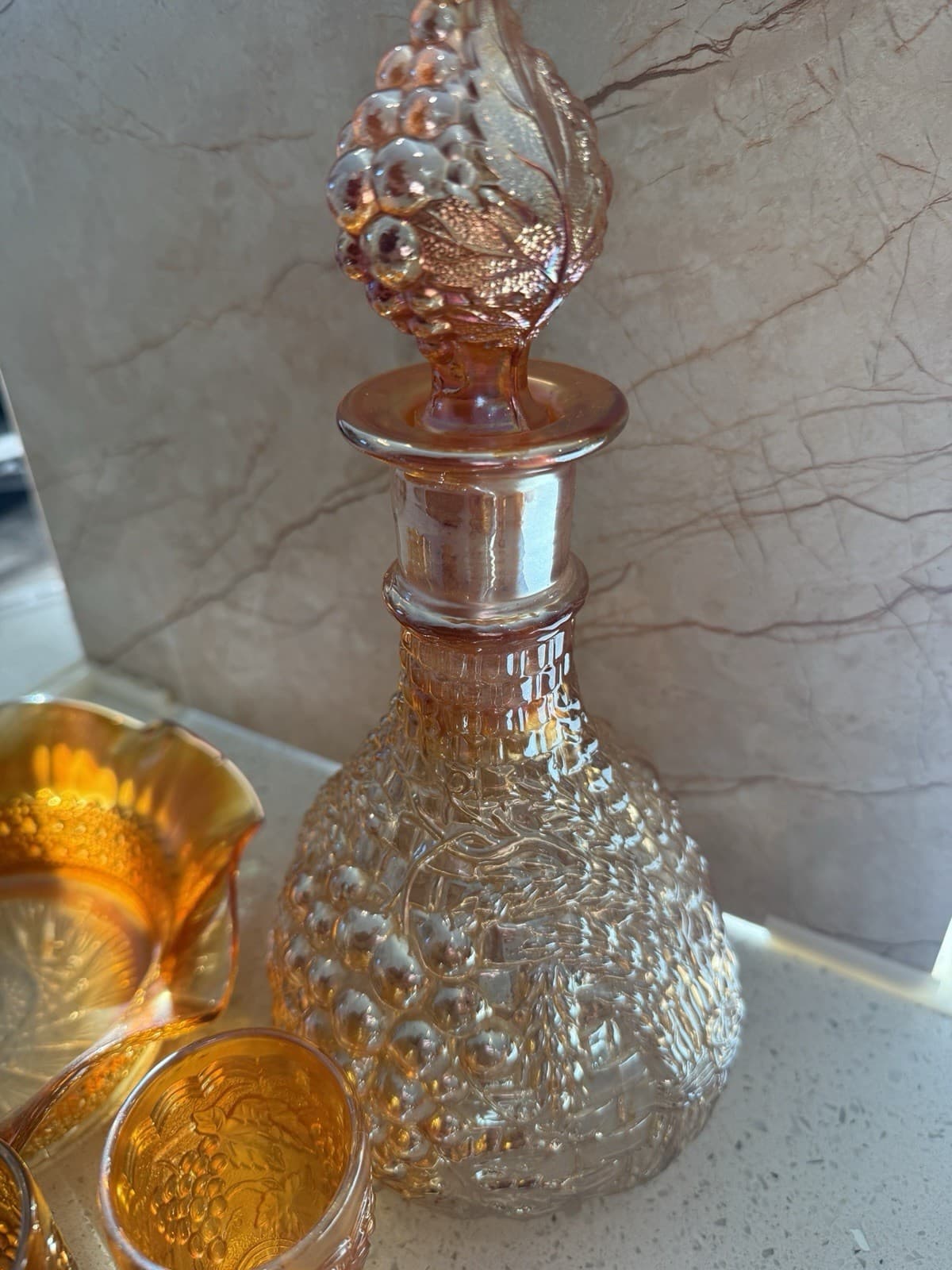 Vintage Iridescent Carnival Glass Decanter, Two Glasses and Ruffled Bowl Set - Thumbnail 4