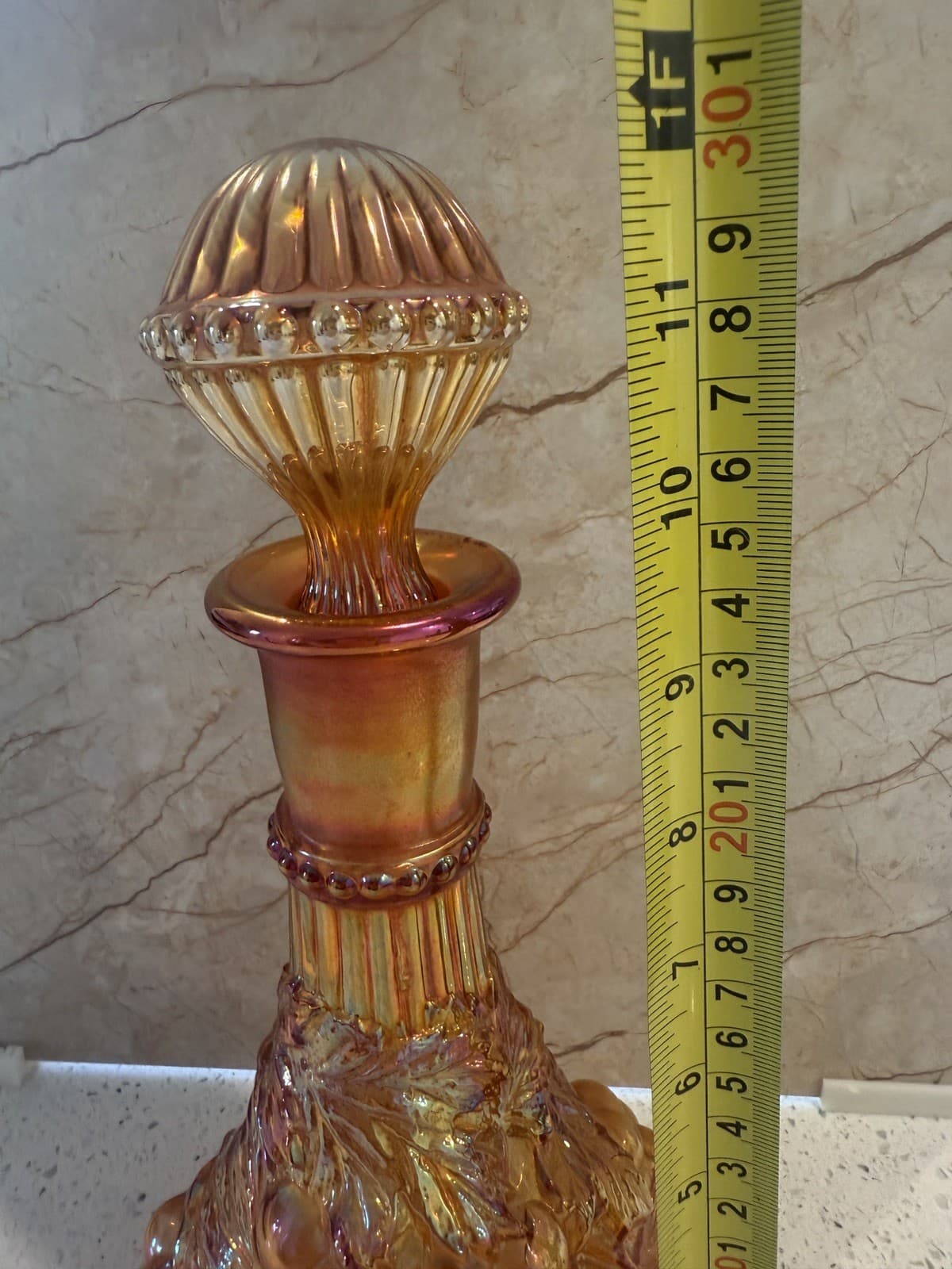 Vintage Grape Pattern Carnival Glass Decanter Set with 4 Glasses, Estate Find - Thumbnail 8