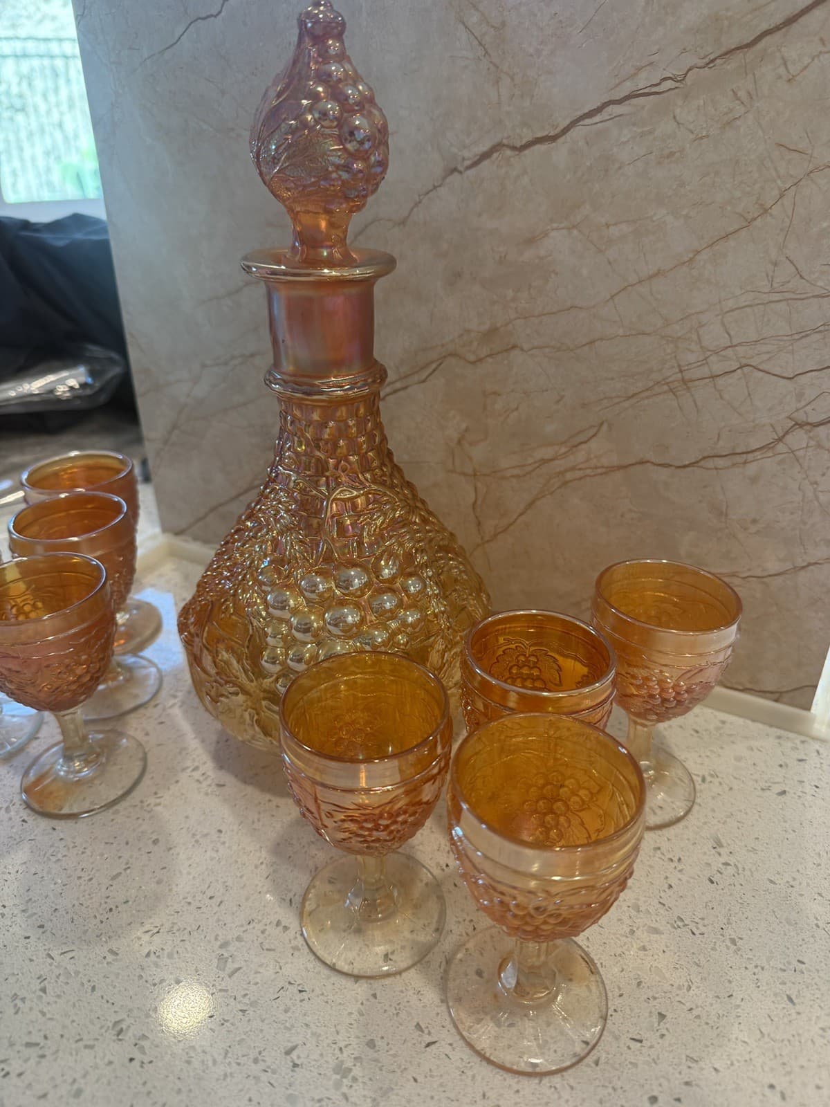 Vintage Grape Pattern Carnival Glass Decanter Set, Estate Find - Thumbnail 5