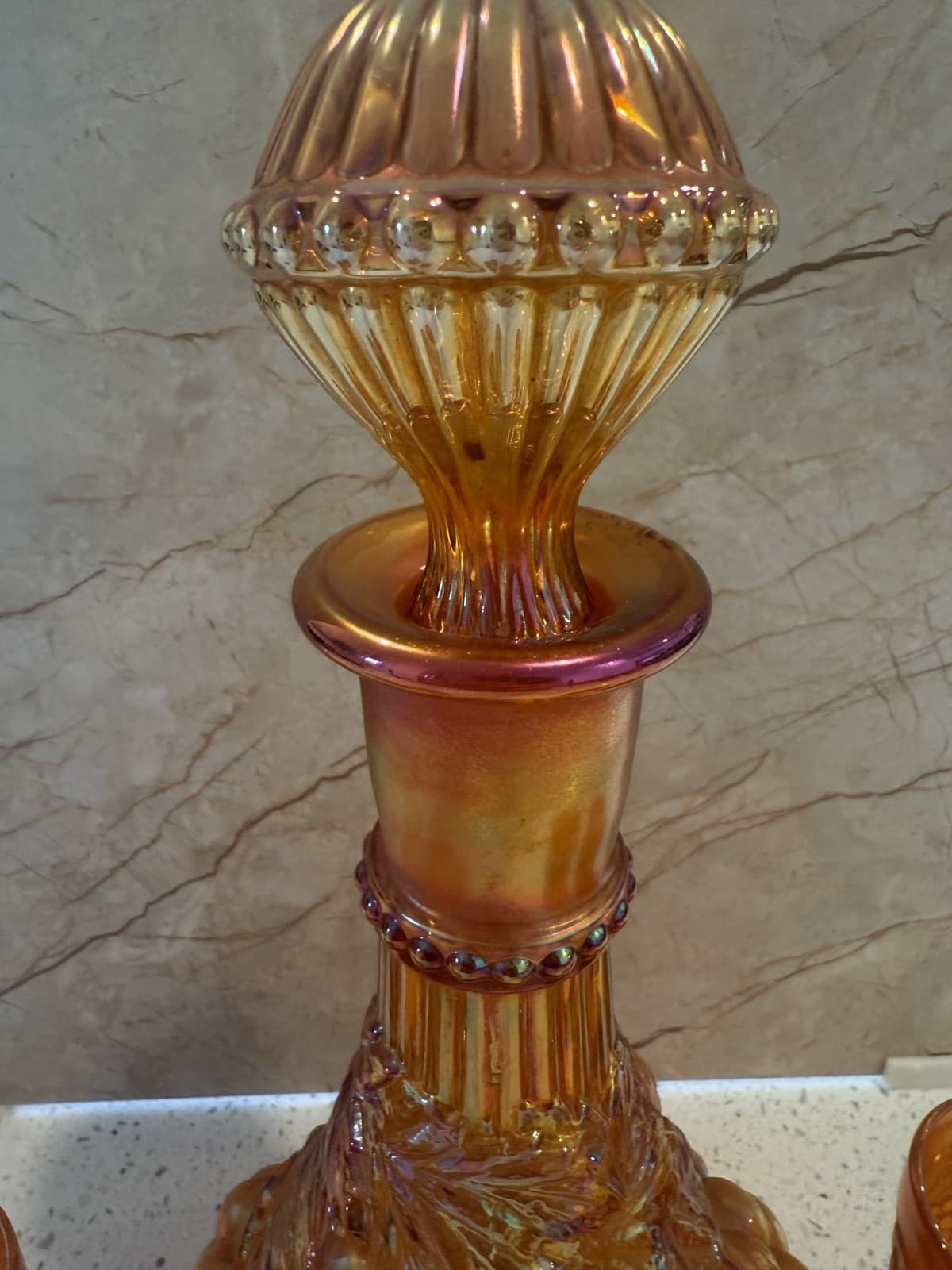 Vintage Grape Pattern Carnival Glass Decanter Set with 4 Glasses, Estate Find - Thumbnail 4