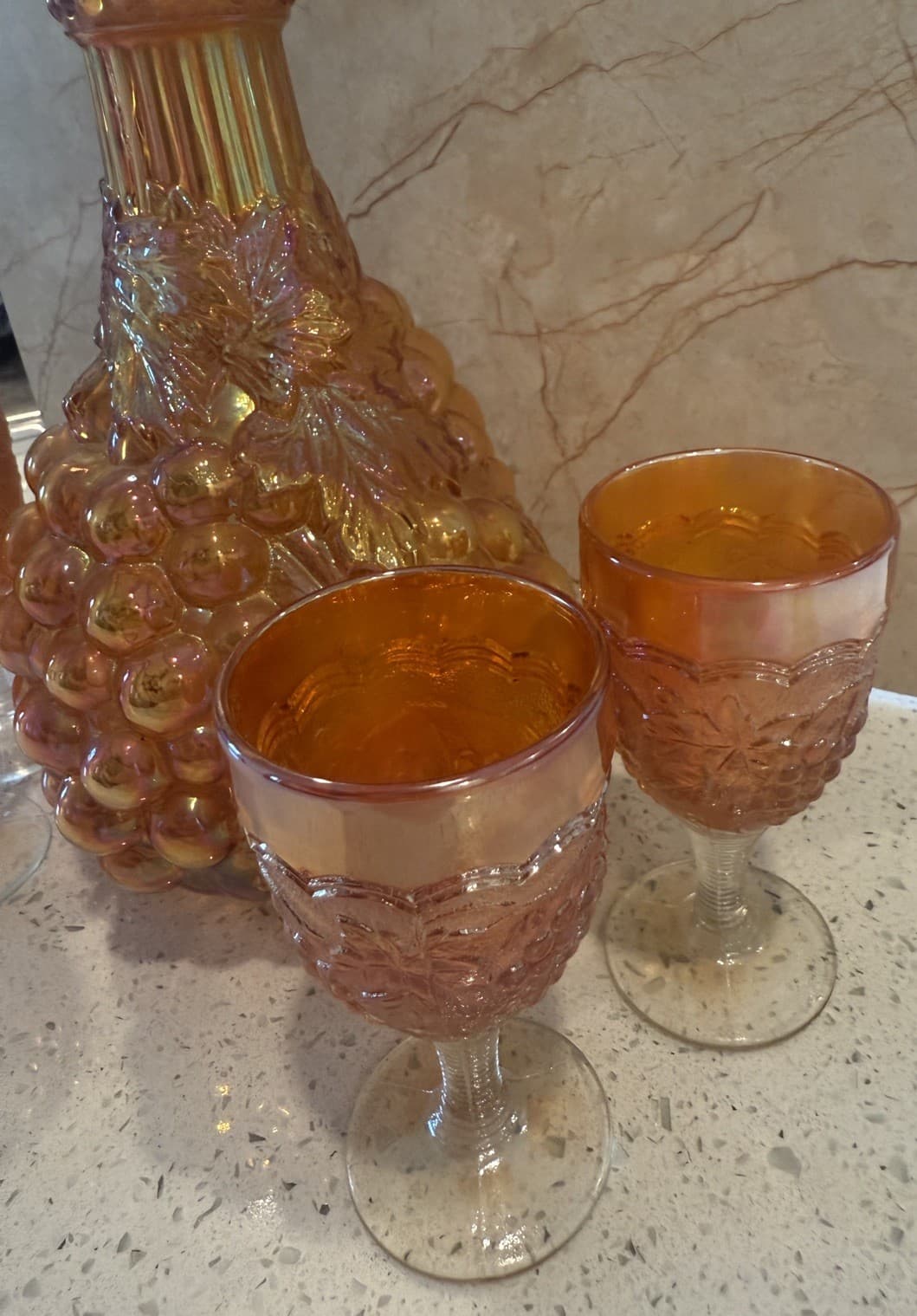 Vintage Grape Pattern Carnival Glass Decanter Set with 4 Glasses, Estate Find - Thumbnail 9