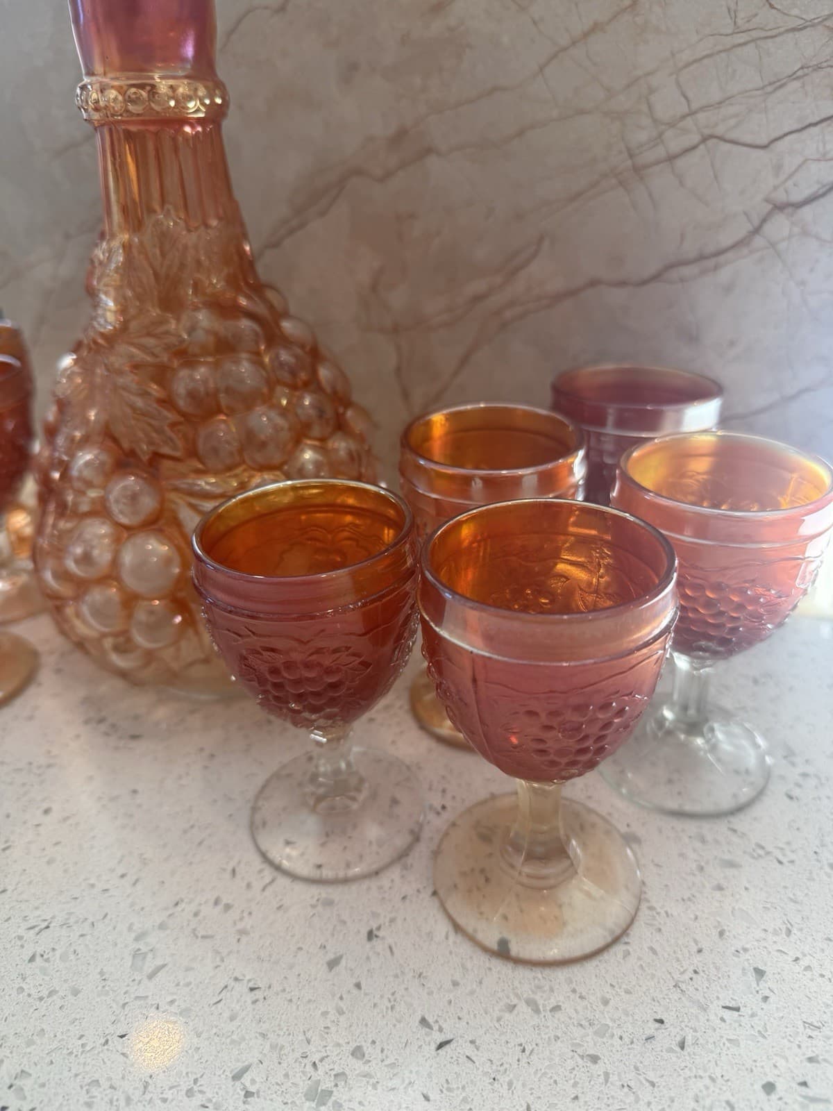 Vintage Marigold Carnival Glass Grape Pattern Decanter and Ten Cordial Glasses - Thumbnail 3