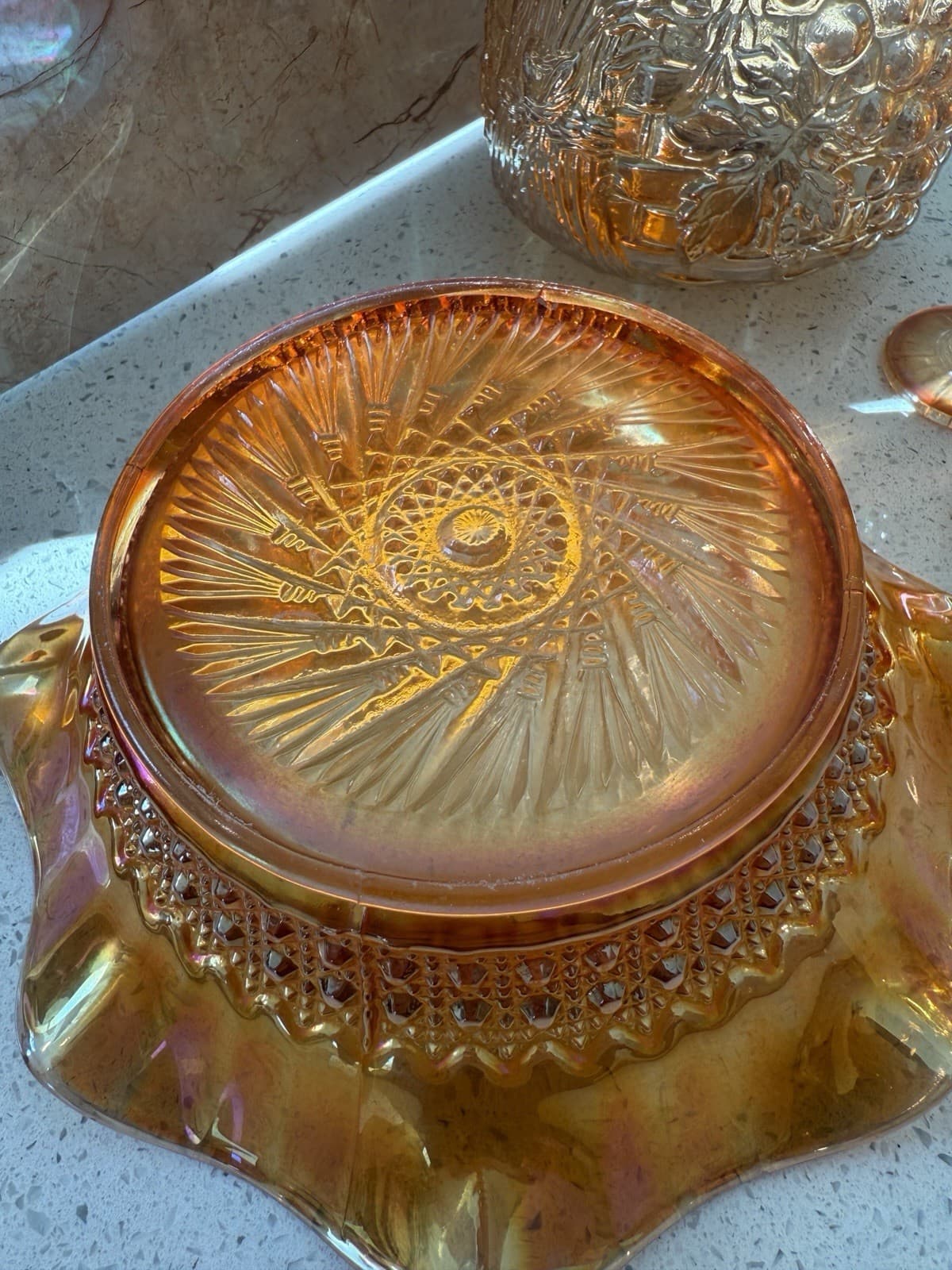 Vintage Iridescent Carnival Glass Decanter, Two Glasses and Ruffled Bowl Set - Thumbnail 8