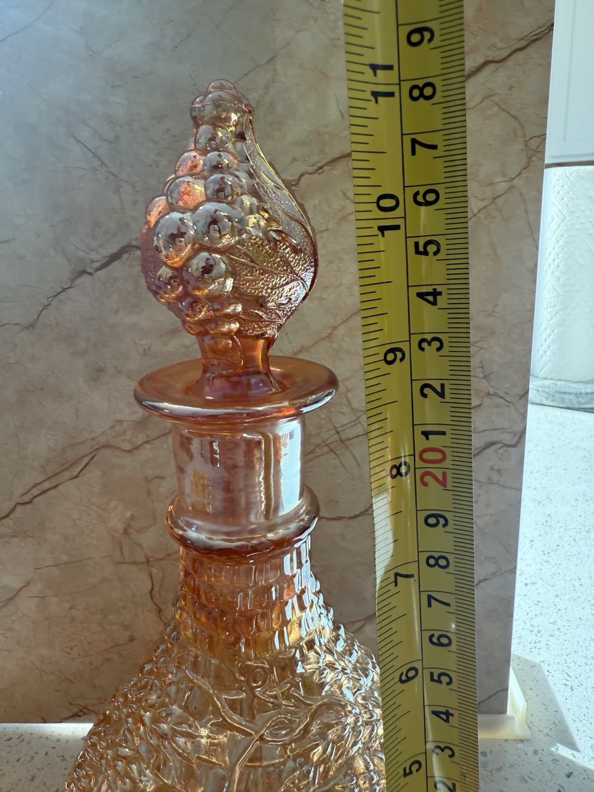 Vintage Iridescent Carnival Glass Decanter, Two Glasses and Ruffled Bowl Set - Thumbnail 9