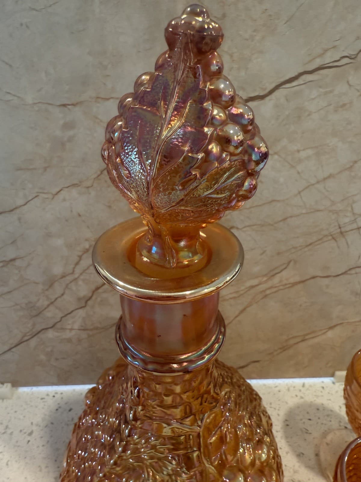 Vintage Grape Pattern Carnival Glass Decanter Set, Estate Find - Thumbnail 2