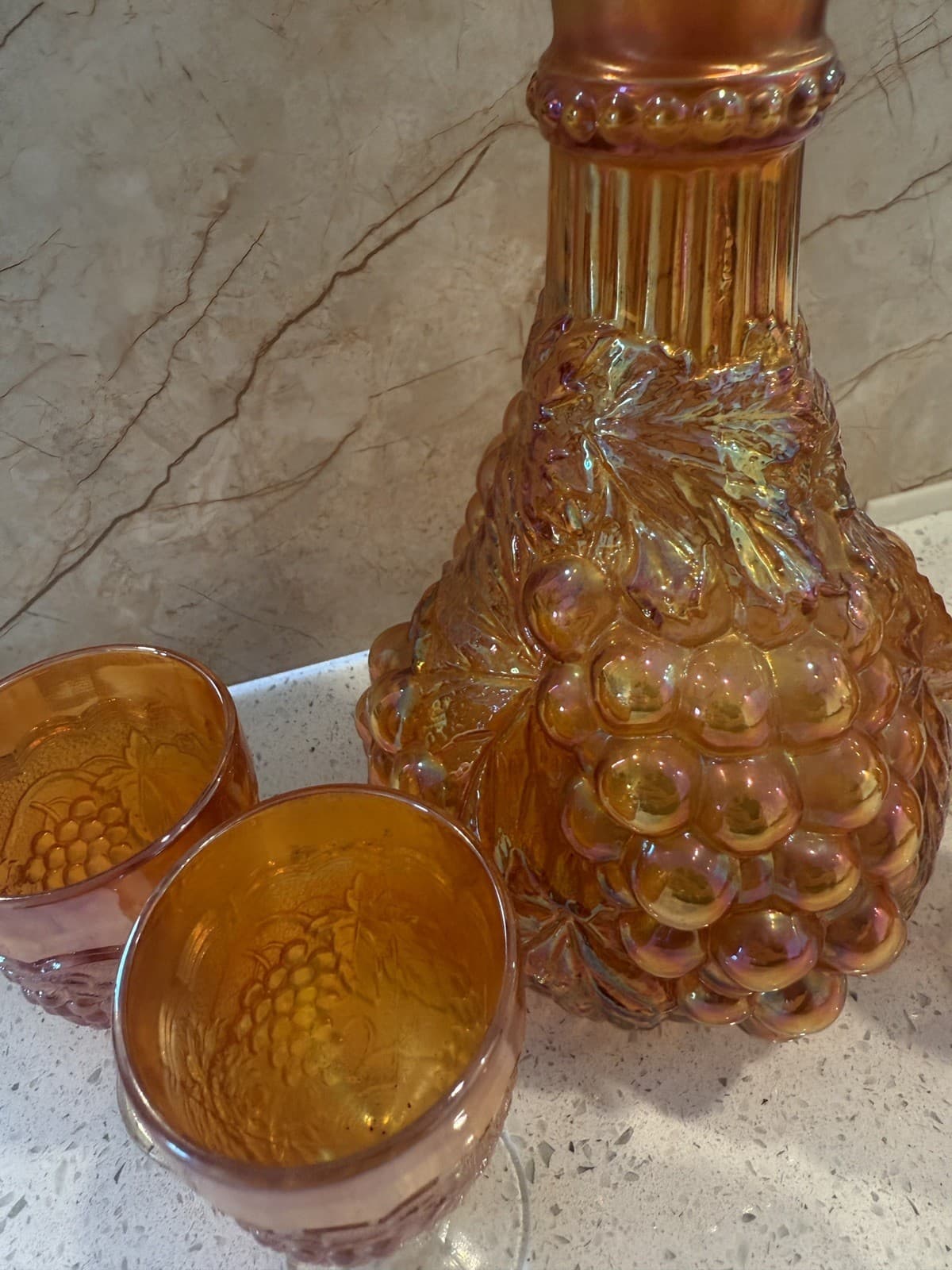 Vintage Grape Pattern Carnival Glass Decanter Set with 4 Glasses, Estate Find - Thumbnail 2