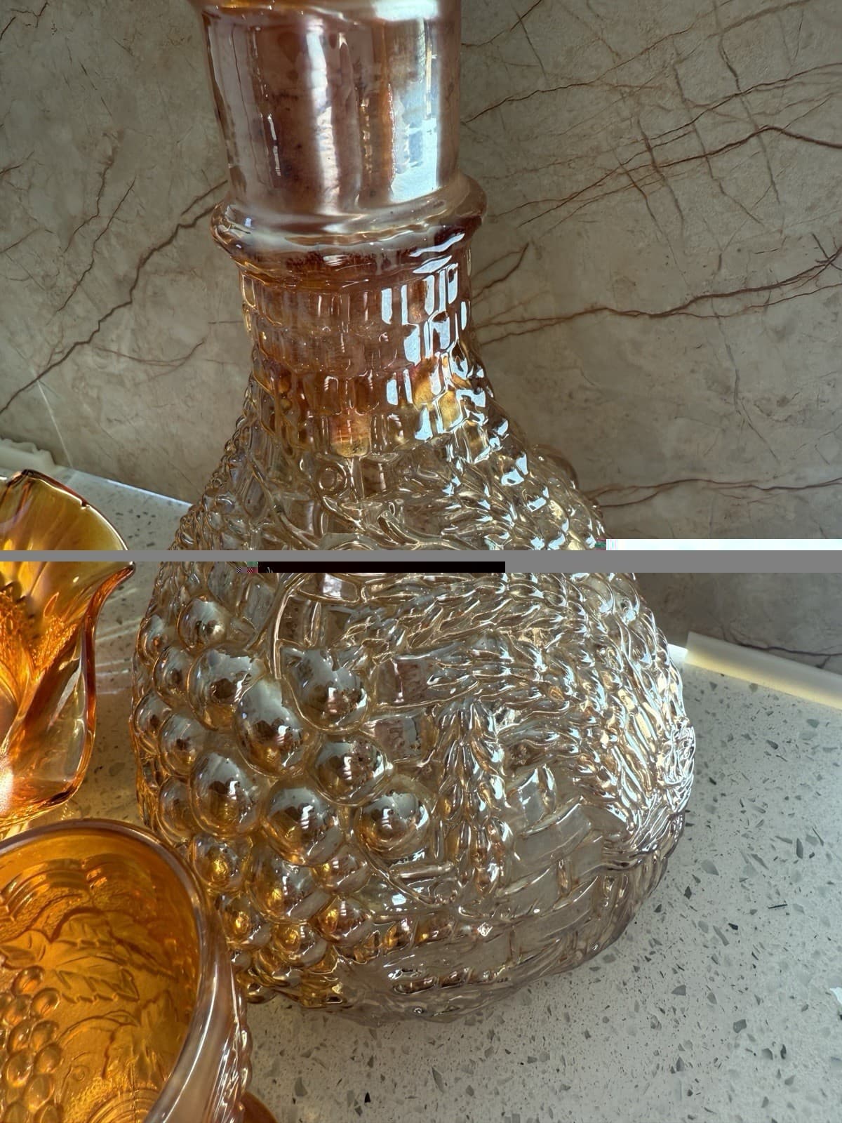 Vintage Iridescent Carnival Glass Decanter, Two Glasses and Ruffled Bowl Set - Thumbnail 6