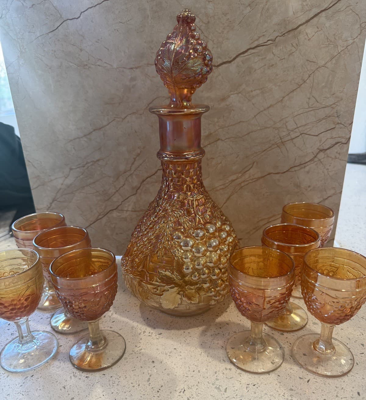 Vintage Grape Pattern Carnival Glass Decanter Set, Estate Find