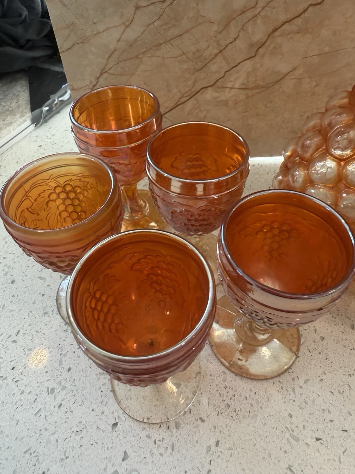 Vintage Marigold Carnival Glass Grape Pattern Decanter and Ten Cordial Glasses - Thumbnail 6