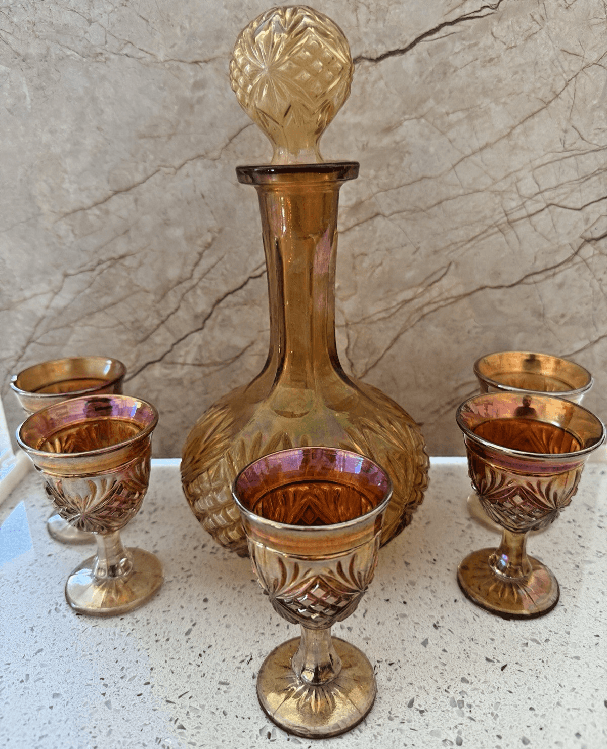 Vintage Imperial Glass Company Marigold Carnival Glass Decanter and Cordial Set