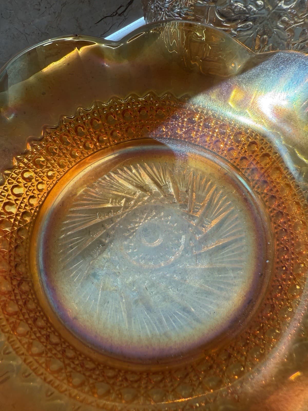 Vintage Iridescent Carnival Glass Decanter, Two Glasses and Ruffled Bowl Set - Thumbnail 7