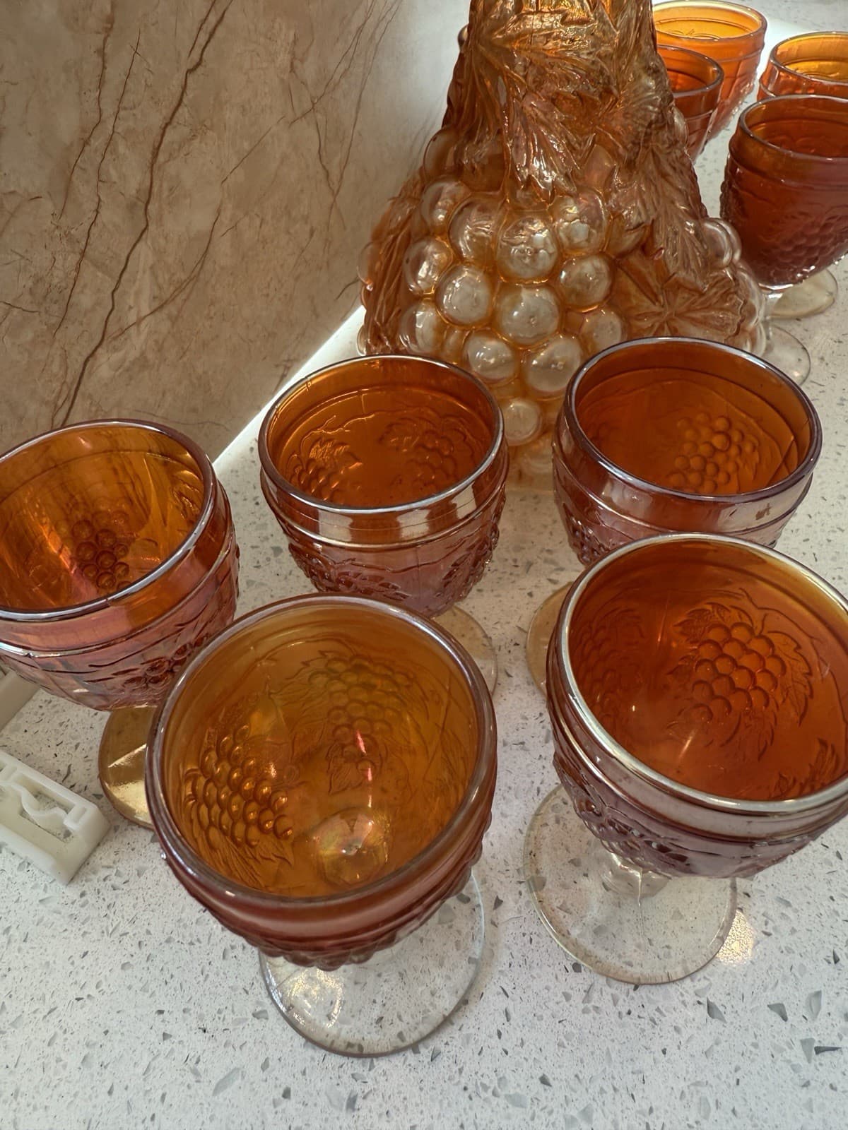 Vintage Marigold Carnival Glass Grape Pattern Decanter and Ten Cordial Glasses - Thumbnail 8