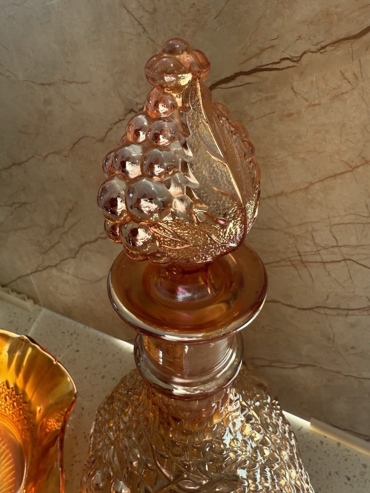Vintage Iridescent Carnival Glass Decanter, Two Glasses and Ruffled Bowl Set - Thumbnail 5
