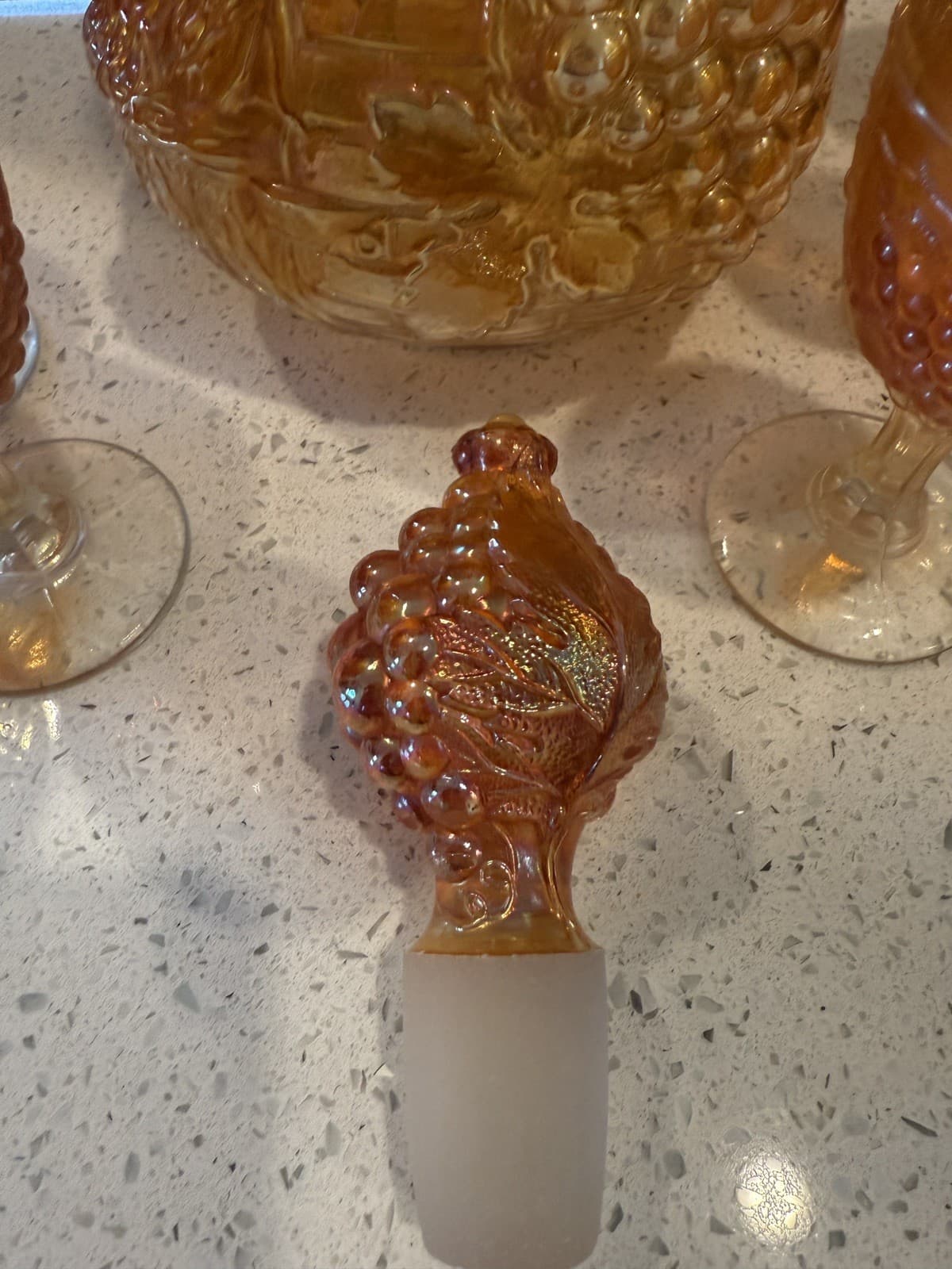 Vintage Grape Pattern Carnival Glass Decanter Set, Estate Find - Thumbnail 9