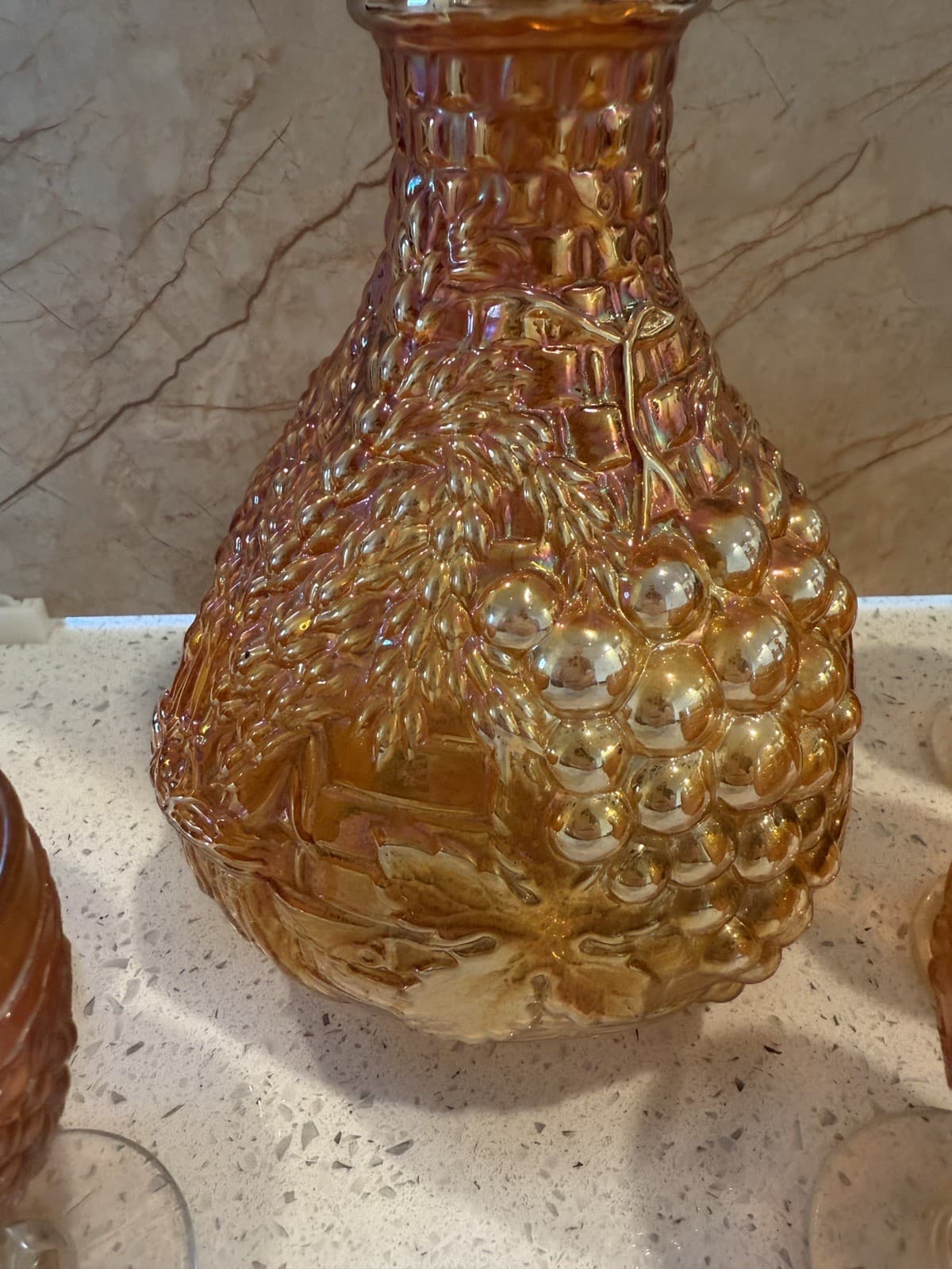 Vintage Grape Pattern Carnival Glass Decanter Set, Estate Find - Thumbnail 4