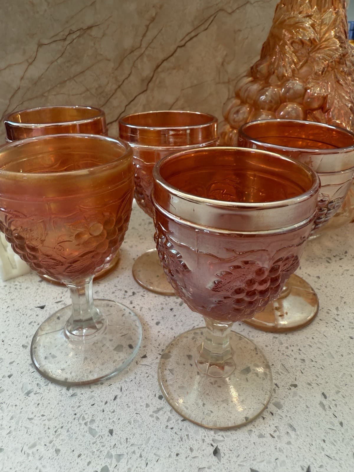 Vintage Marigold Carnival Glass Grape Pattern Decanter and Ten Cordial Glasses - Thumbnail 11