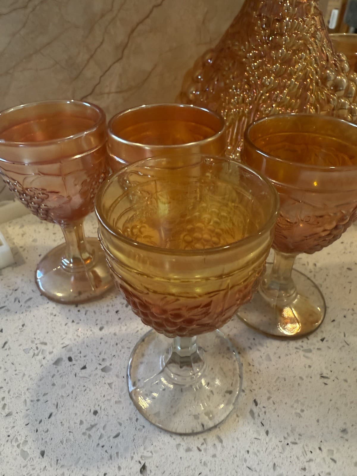 Vintage Grape Pattern Carnival Glass Decanter Set, Estate Find - Thumbnail 8