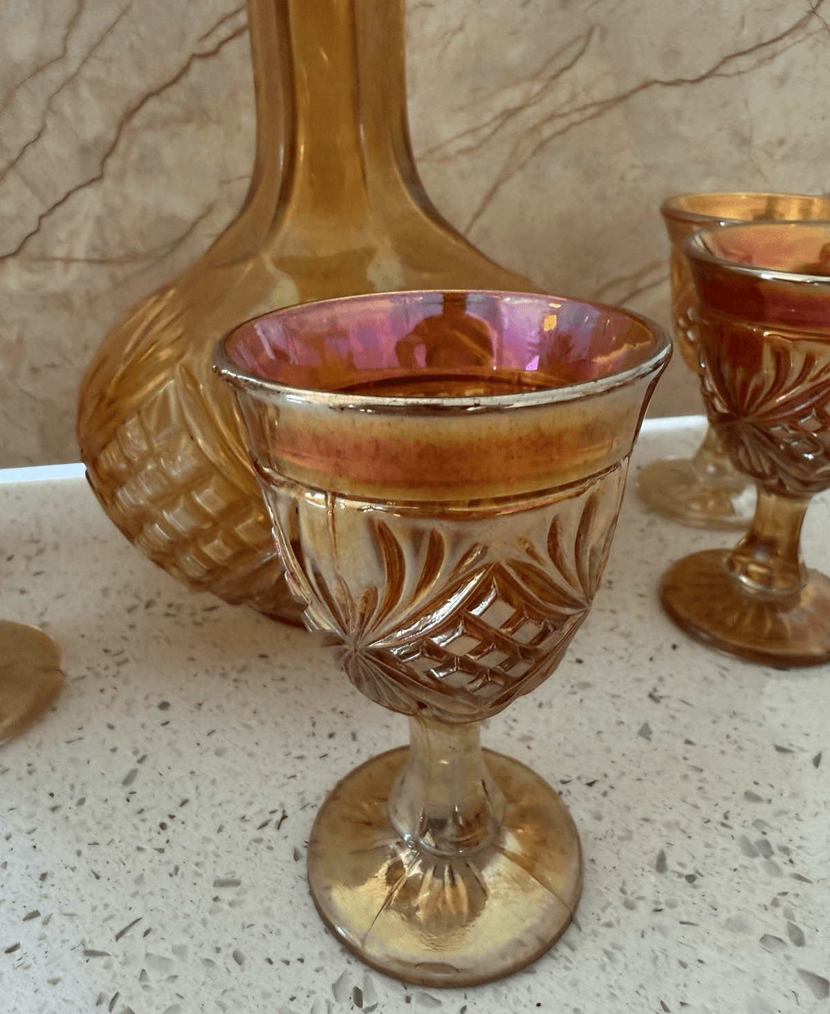 Vintage Imperial Glass Company Marigold Carnival Glass Decanter and Cordial Set - Thumbnail 3