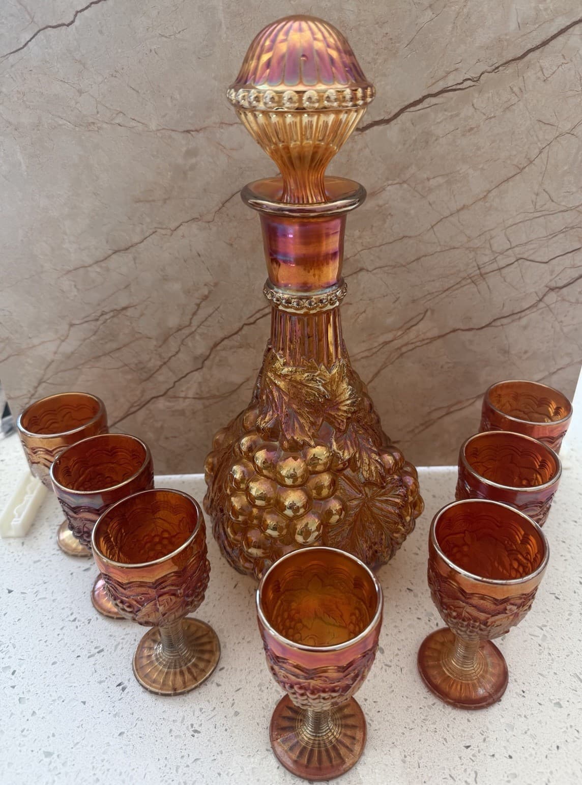 Vintage Marigold Carnival Glass Grape Pattern Decanter and Seven Goblets