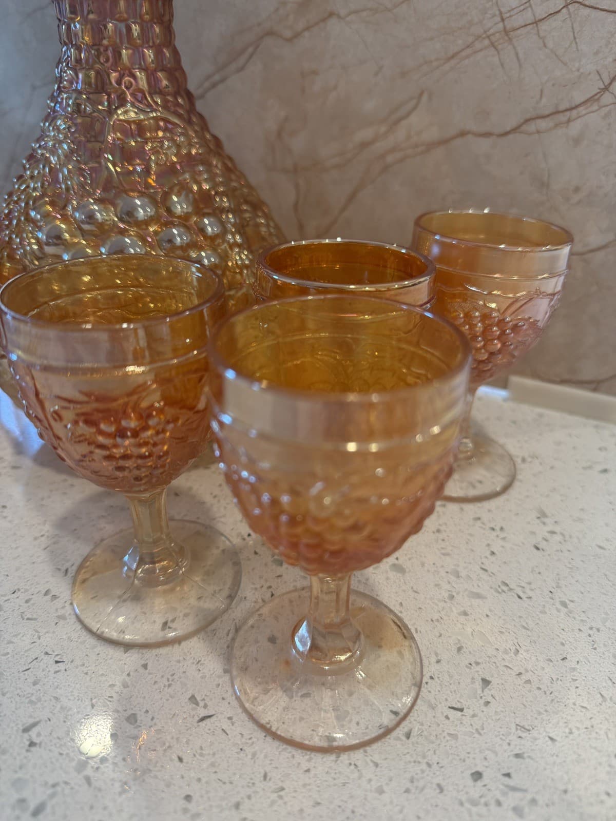 Vintage Grape Pattern Carnival Glass Decanter Set, Estate Find - Thumbnail 7