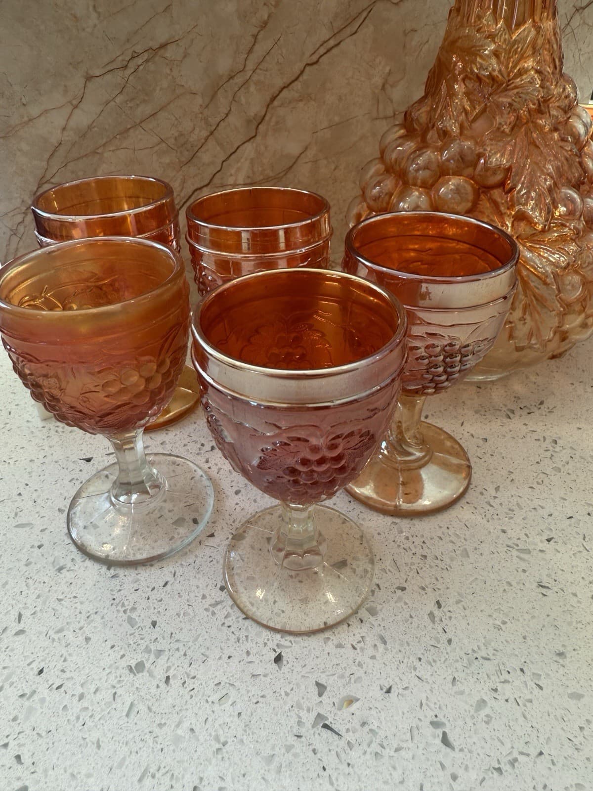 Vintage Marigold Carnival Glass Grape Pattern Decanter and Ten Cordial Glasses - Thumbnail 2