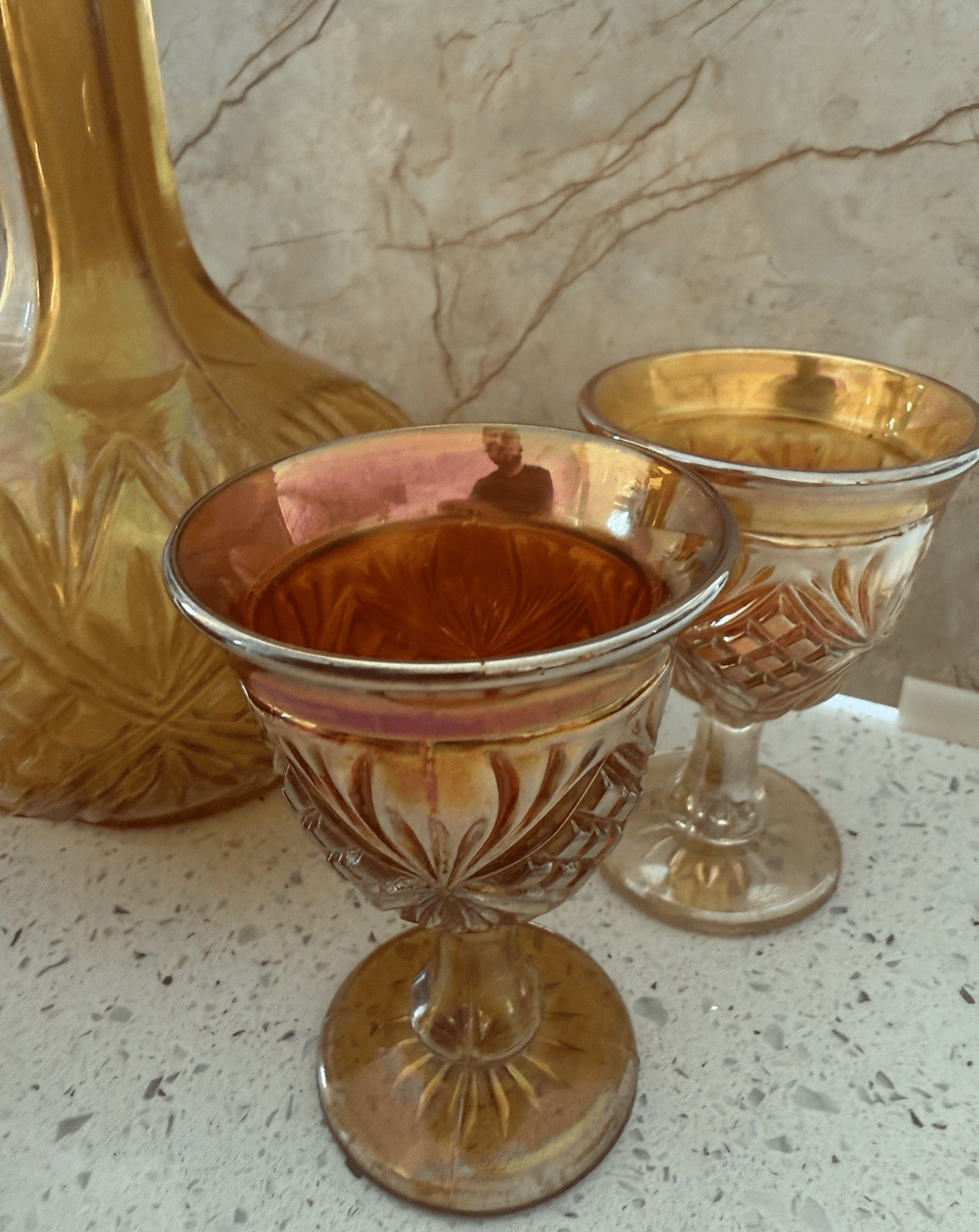 Vintage Imperial Glass Company Marigold Carnival Glass Decanter and Cordial Set - Thumbnail 5