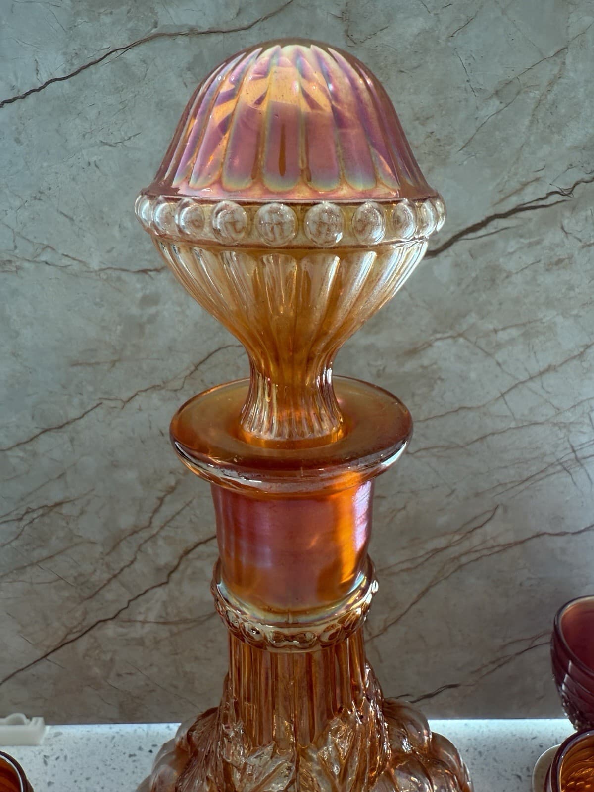 Vintage Marigold Carnival Glass Grape Pattern Decanter and Ten Cordial Glasses - Thumbnail 5