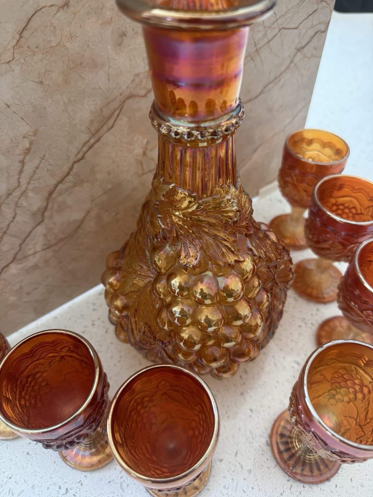 Vintage Marigold Carnival Glass Grape Pattern Decanter and Seven Goblets - Thumbnail 6