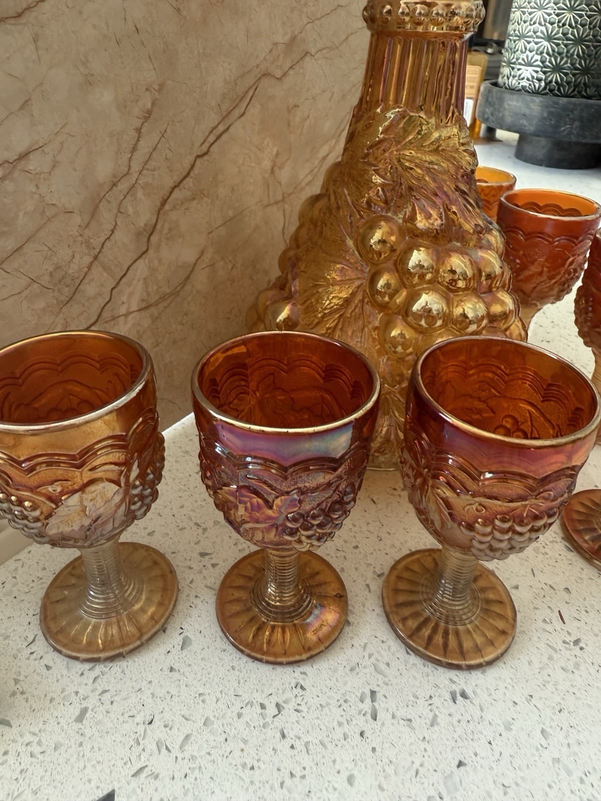 Vintage Marigold Carnival Glass Grape Pattern Decanter and Seven Goblets - Thumbnail 7