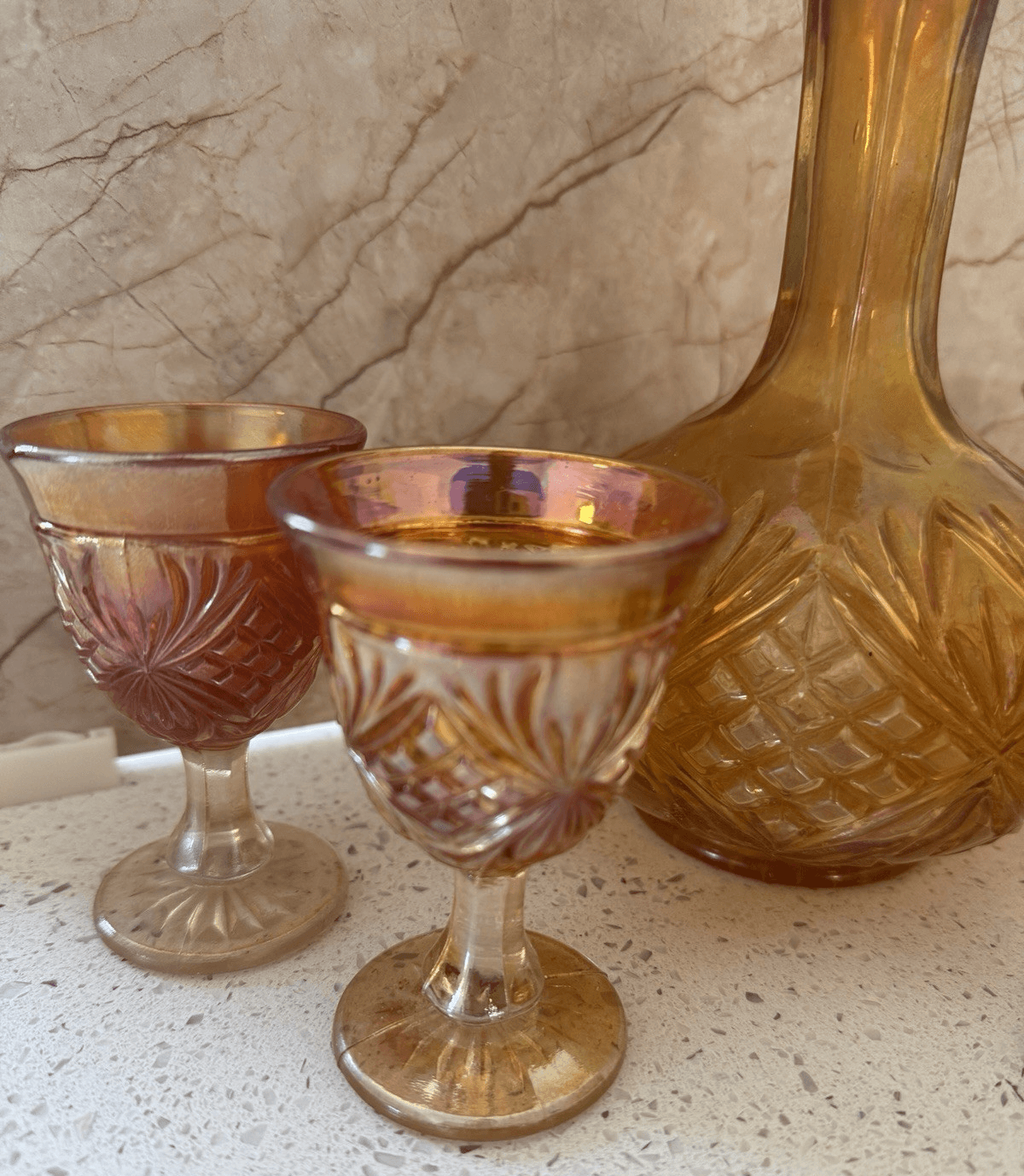 Vintage Imperial Glass Company Marigold Carnival Glass Decanter and Cordial Set - Thumbnail 2