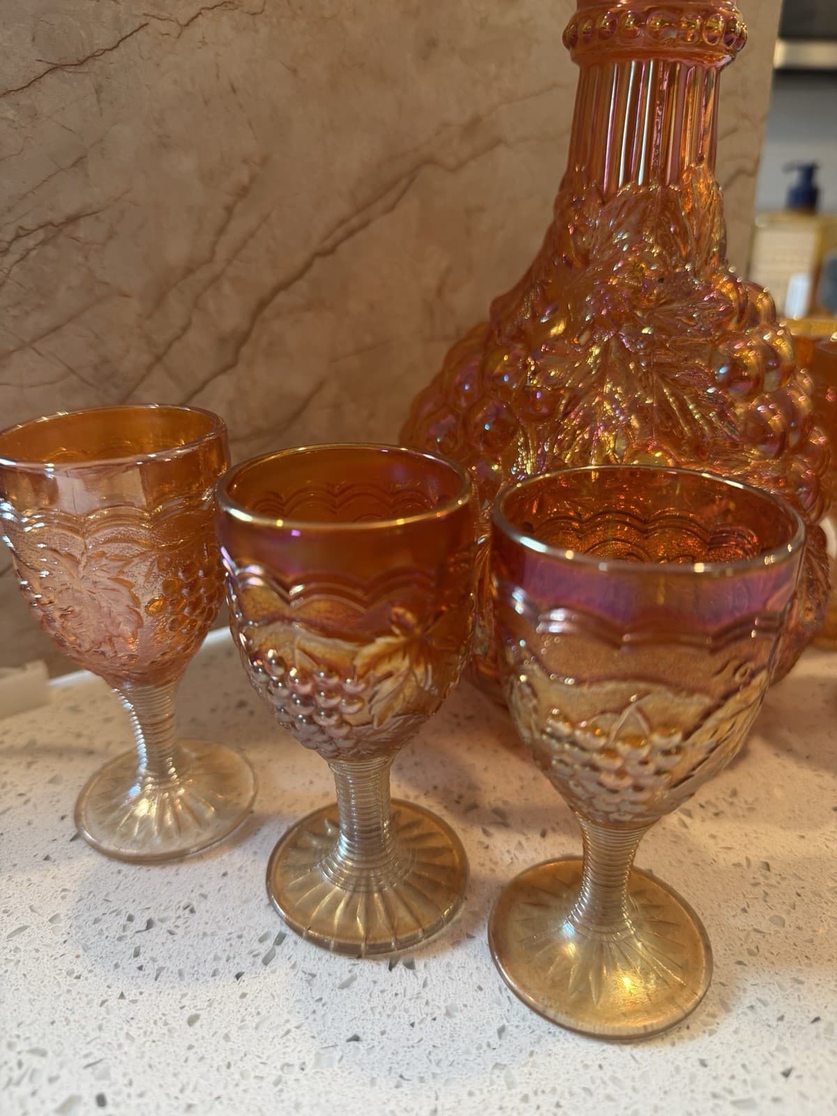 Vintage Marigold Grape Pattern Carnival Glass Decanter Set - Thumbnail 2