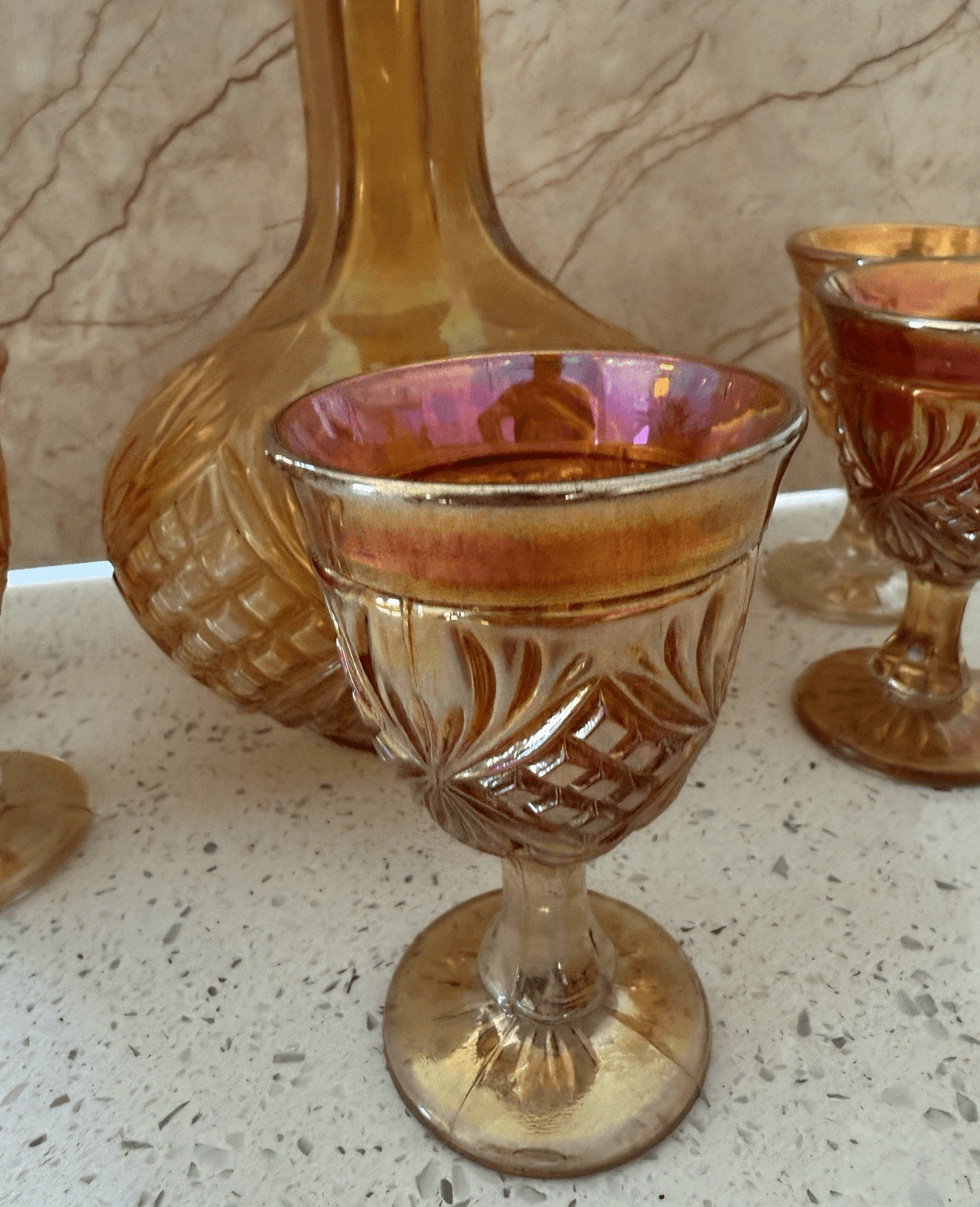 Vintage Imperial Glass Company Marigold Carnival Glass Decanter and Cordial Set - Thumbnail 4