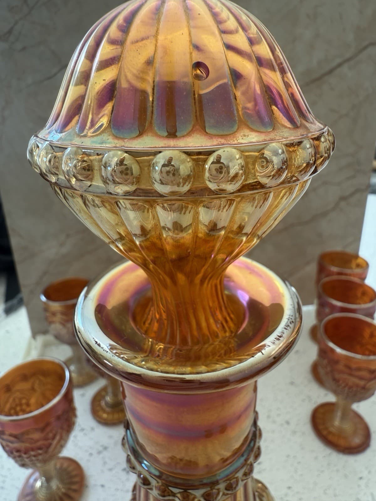 Vintage Marigold Carnival Glass Grape Pattern Decanter and Seven Goblets - Thumbnail 10