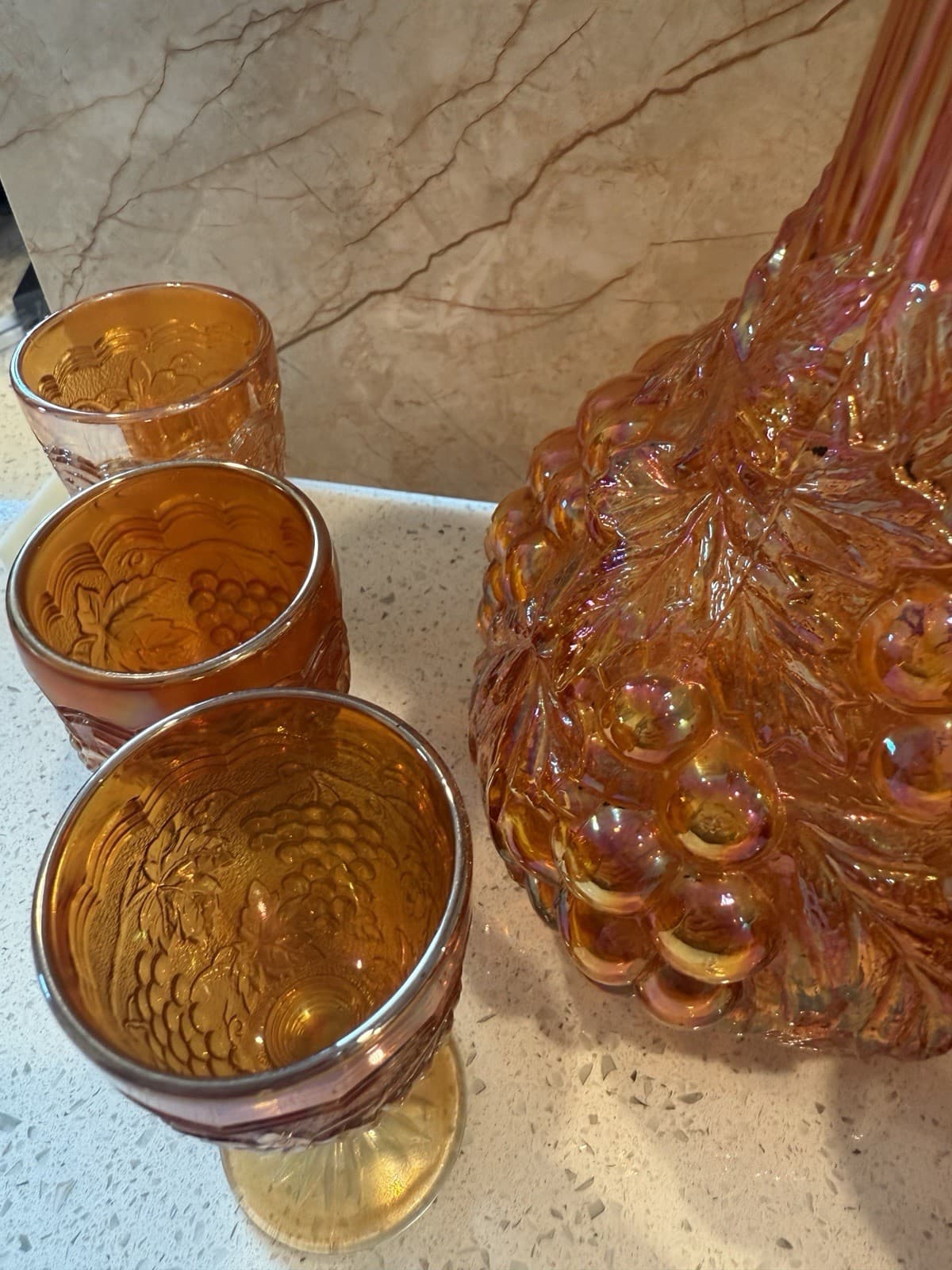 Vintage Marigold Grape Pattern Carnival Glass Decanter Set - Thumbnail 7