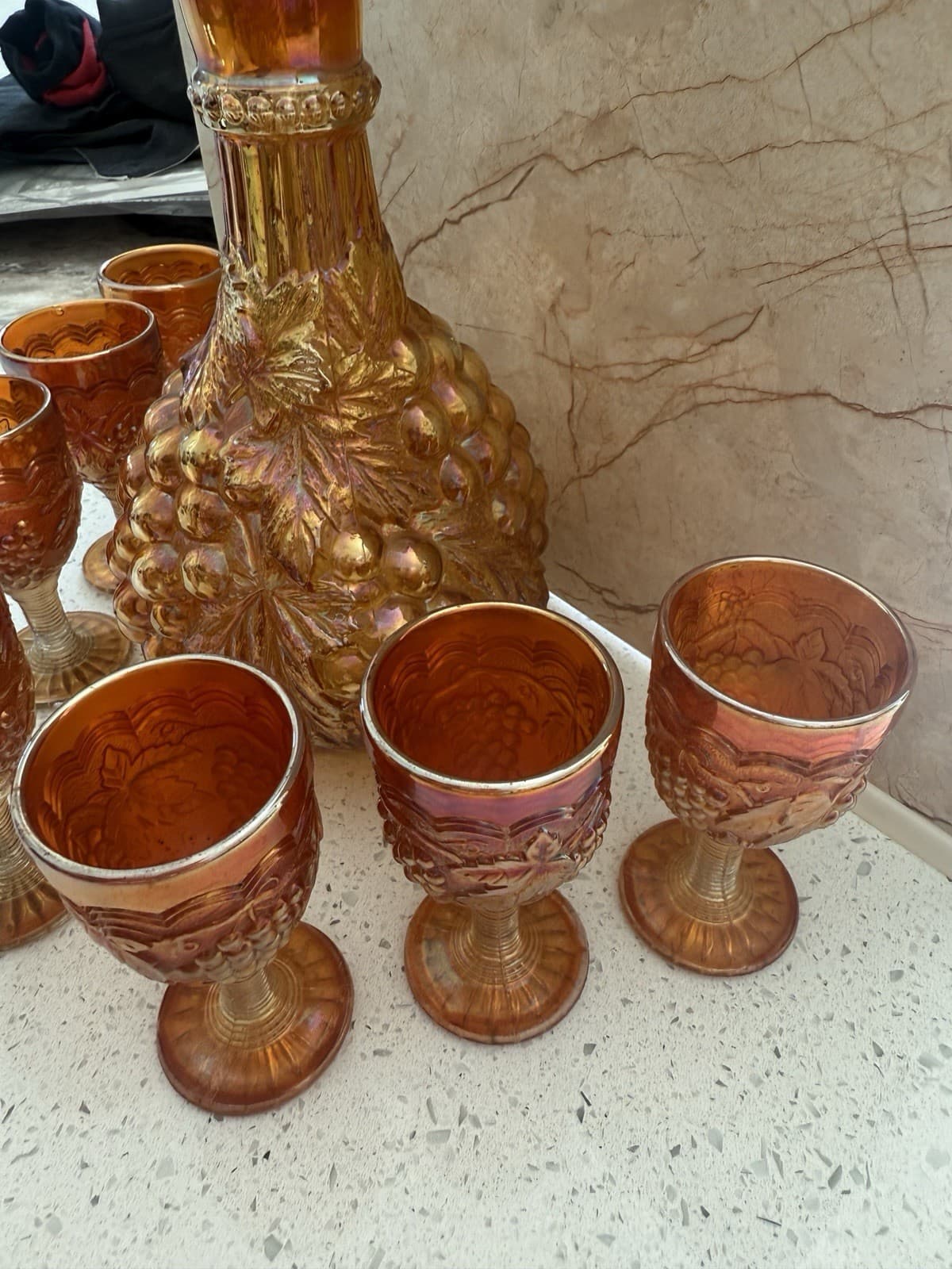 Vintage Marigold Carnival Glass Grape Pattern Decanter and Seven Goblets - Thumbnail 8