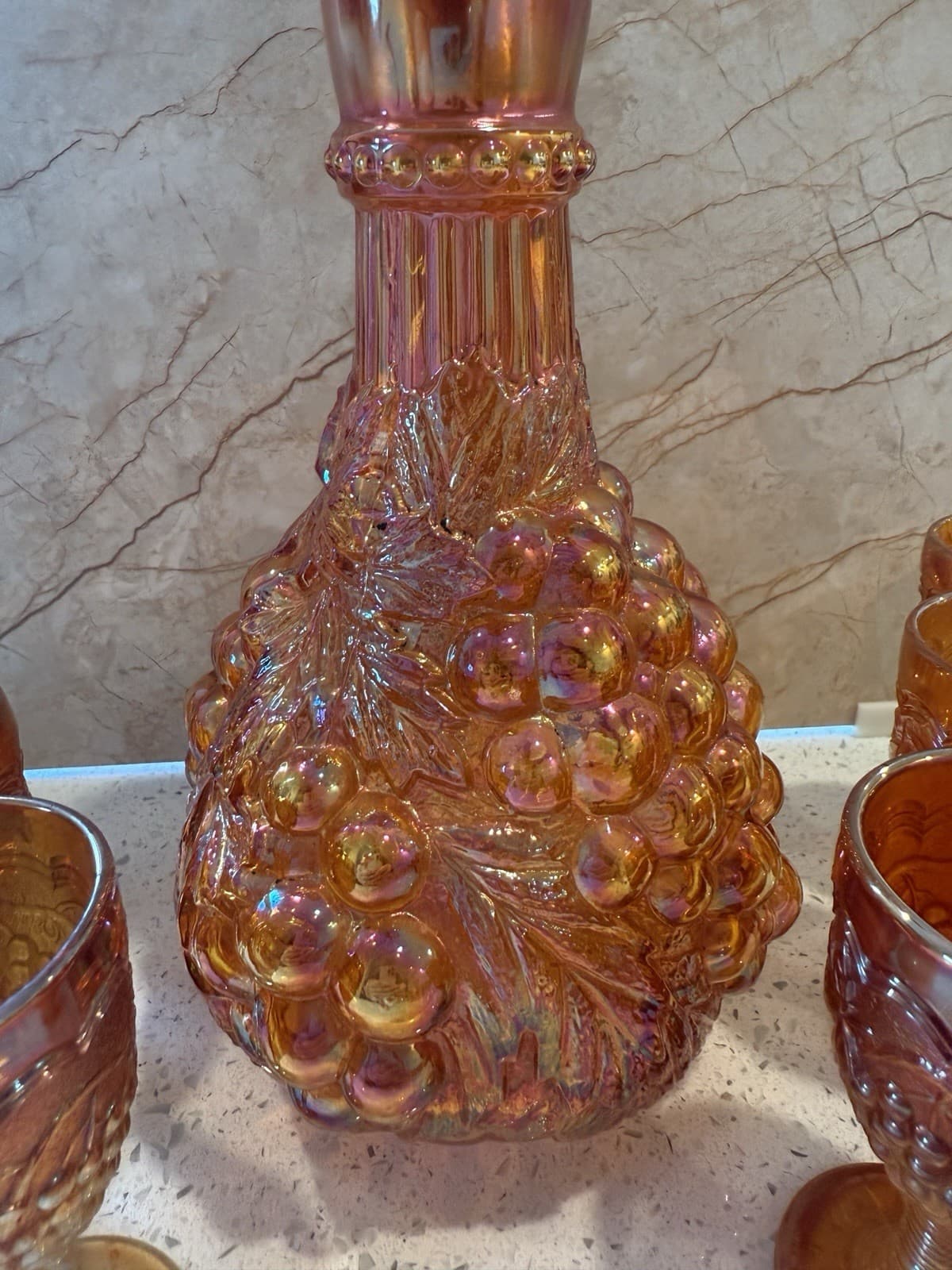 Vintage Marigold Grape Pattern Carnival Glass Decanter Set - Thumbnail 4