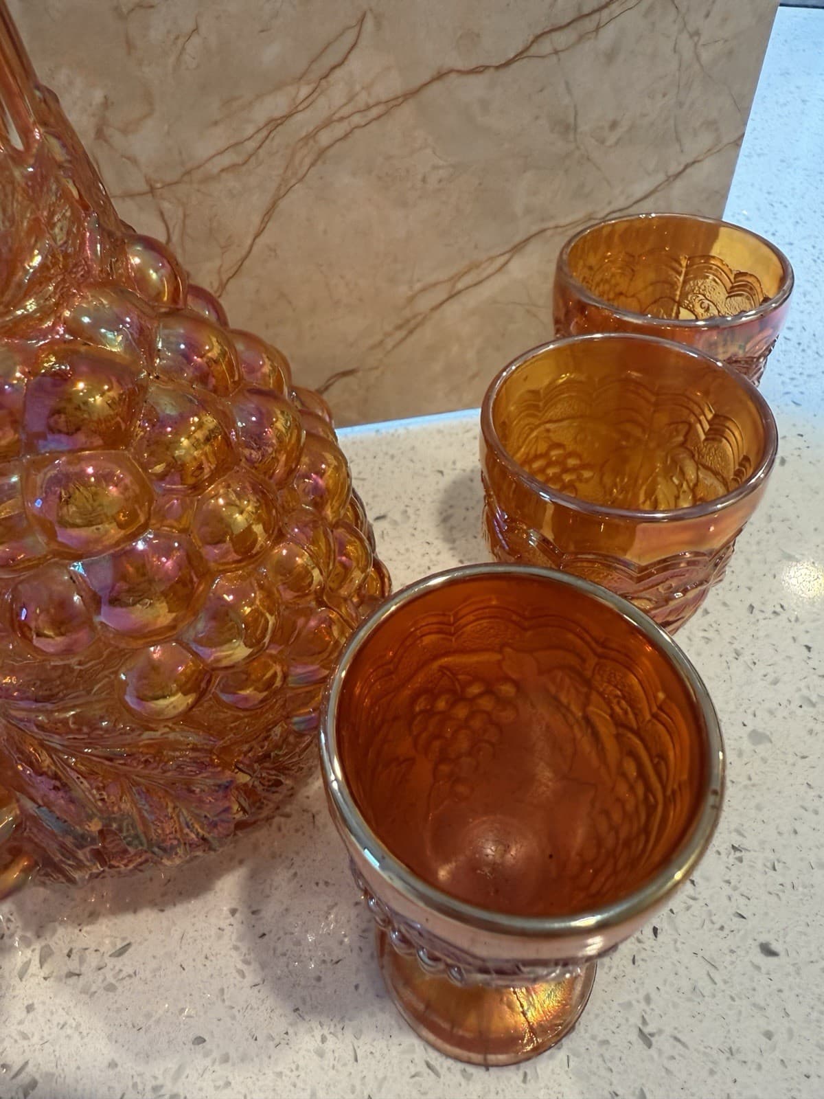 Vintage Marigold Grape Pattern Carnival Glass Decanter Set - Thumbnail 6