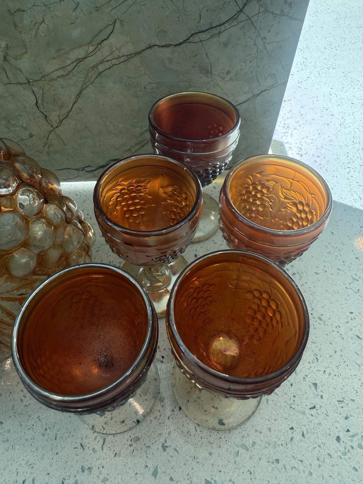 Vintage Marigold Carnival Glass Grape Pattern Decanter and Ten Cordial Glasses - Thumbnail 7