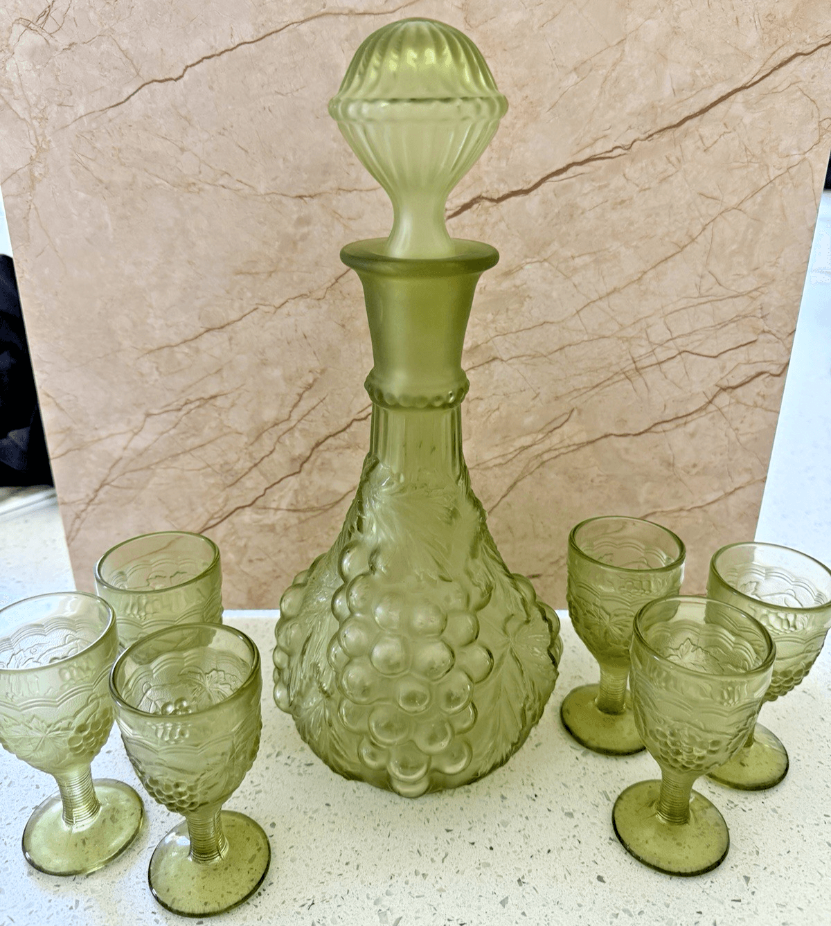 Vintage Imperial Glass 'Grape Verde' Decanter and Cordial Glass Set, Estate Find