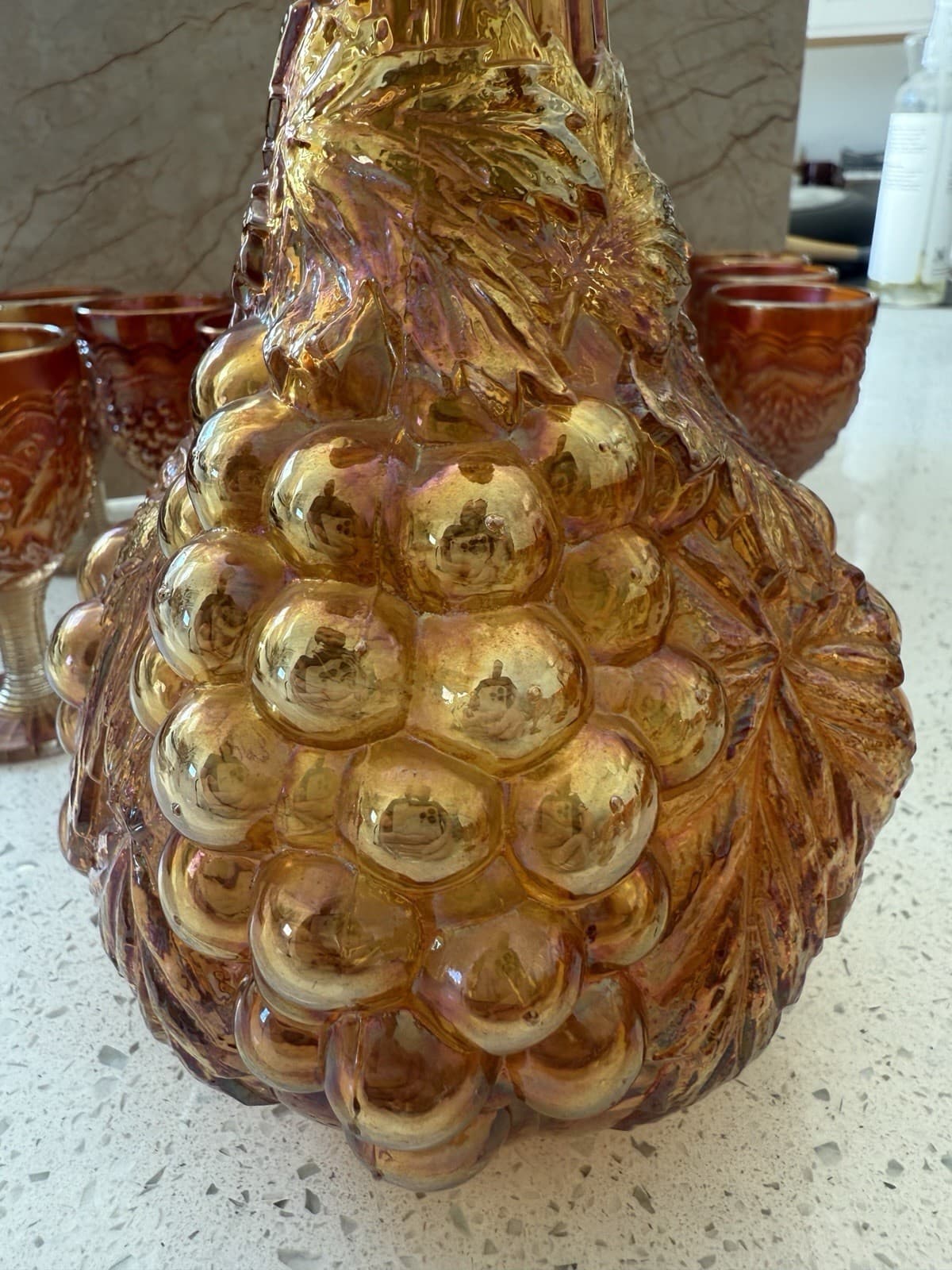 Vintage Marigold Carnival Glass Grape Pattern Decanter and Seven Goblets - Thumbnail 9
